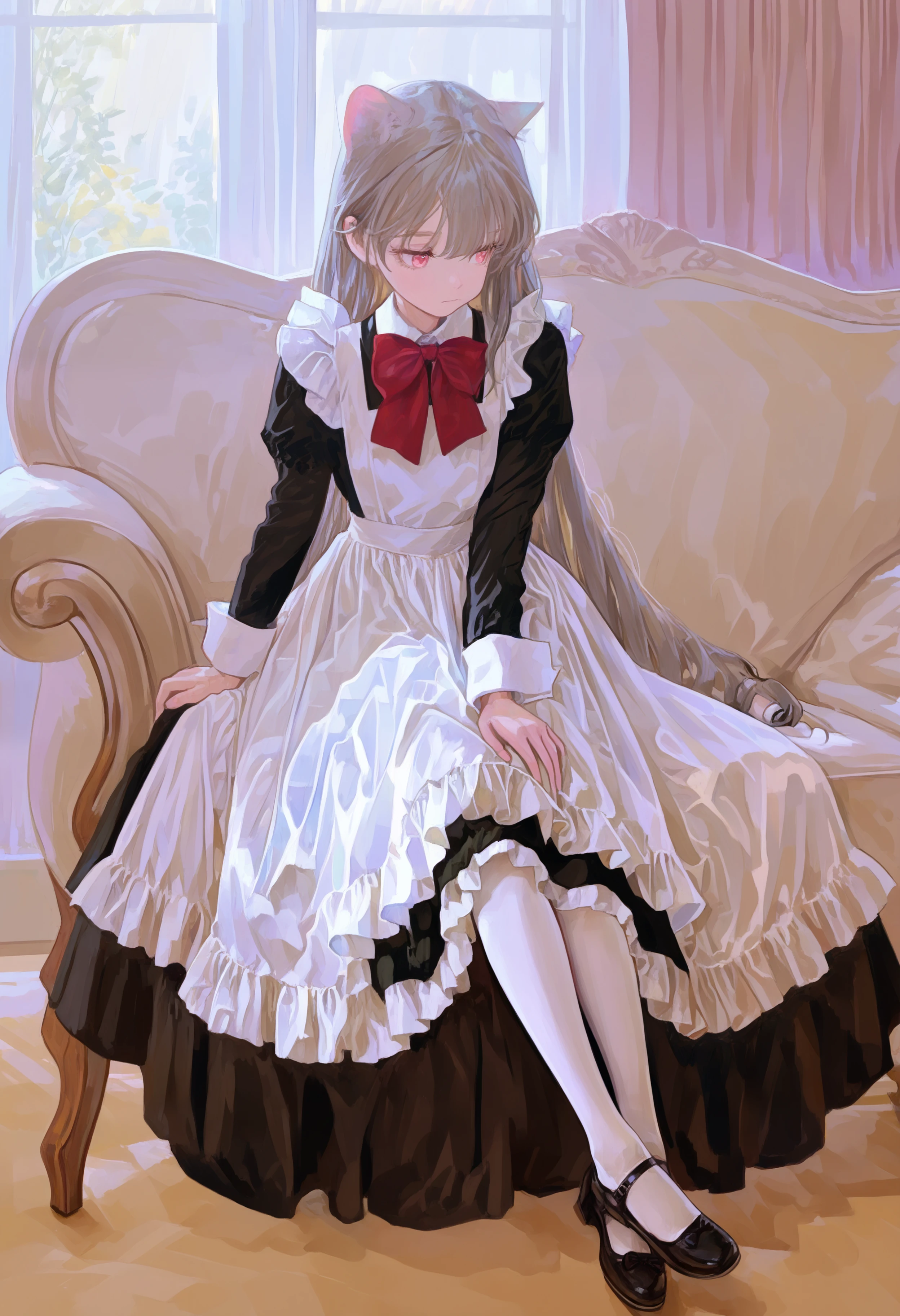 masterpiece, highres, absurdres, newest, very awa, painting \(medium\), (flat color:1.1), indoors, couch, curtains,  1girl, solo, grey hair, pink eyes, cat ears, maid, white apron, frilled dress, very long dress, long sleeves, wrist cuffs, red bowtie, white pantyhose, mary janes,   sitting, hand on own thigh, arm support,   <lora:spo_sdxl_10ep_4k-data_lora_webui>,  <lora:illustrious_noobai_epsilon_pred_1_best_quality_v1:0.4>, <lora:FKEY_WAI>,