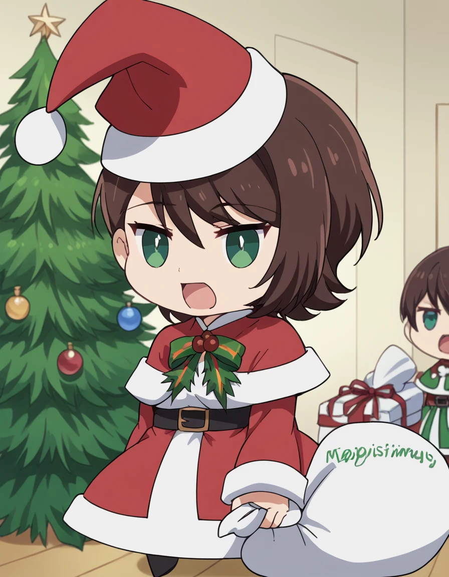 score_9, score_8_up, score_7_up, source_anime, <lora:kekkonsuru-kaori-s1-ponyxl-lora-nochekaiser:1>, kaori, short hair, brown hair, green eyes, medium breasts, anime screencap,, <lora:padoru-ponyxl-lora-nochekaiser:1>, padoru, padoru (meme), holding sack, sack, santa hat, meme, christmas, open mouth, chibi, red capelet, santa dress, capelet, fur-trimmed headwear,, , dutch angle, cowboy shot