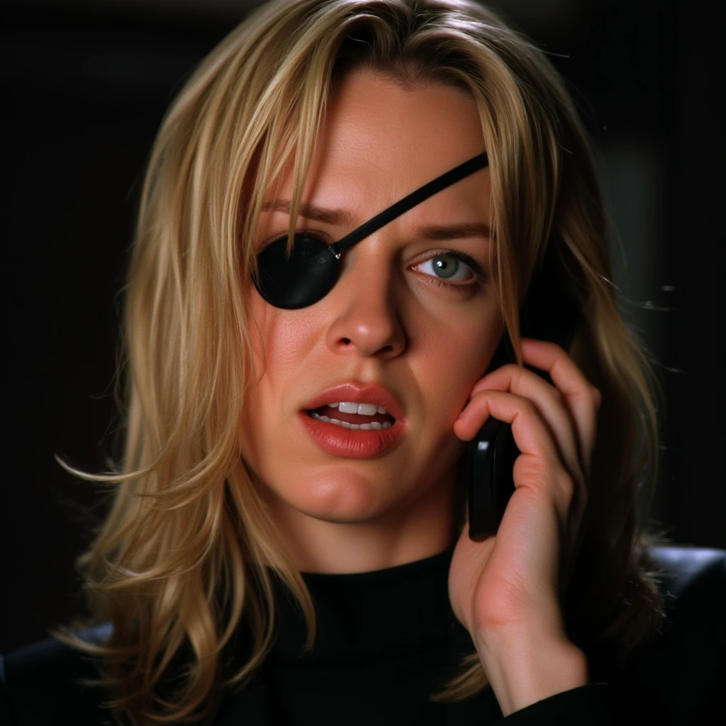 cinematic film still of  <lora:1990's style Kill Bill v1-step00001800:0.8>
In the 1990's From below, Cinematic film image of Elle Driver a woman with eyepatch talking on a cell phone, 1girl, solo, long hair, blonde hair, holding, green eyes, parted lips, teeth, lips, phone, eyepatch, portrait, realistic, talking on phone, Kodak film grain, dramatic light, dramatic shadow light, contrast, saturated color, cinematic, filmic, motion picture, realistic, realism, perfection, perfect, deep focus, clean image, Kill Bill style, Kill Bill Film Style, blue eyes, photorealistic, shallow depth of field, vignette, highly detailed, high budget, bokeh, cinemascope, moody, epic, gorgeous, film grain, grainy