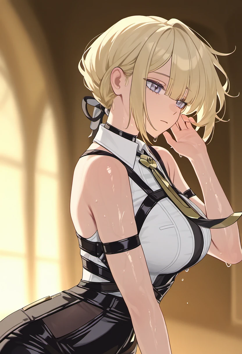 1girl, solo, evelyn chevalier, purple eyes, blonde hair, short hair, 
collared shirt, white shirt, bare shoulders, yellow jewelry, necktie, high-waist pants, arm strap, chest harness, thigh strap,
expressionless, looking_to_side, hand_on_cheek, dimly_lit_library, arched_back, shadow_highlight, bare_shoulders, soft_smile, long_hair, intimate_shadows, close-up_focus, blurred_background, calm_expression, romantic_lighting, delicate_pose, minimalist_composition, moody_setting, serene_ambiance, suggestive
, wet skin, oily skin, sweat, masterpiece, absurdes, <lora:Character_Evelyn Chevalier:1>