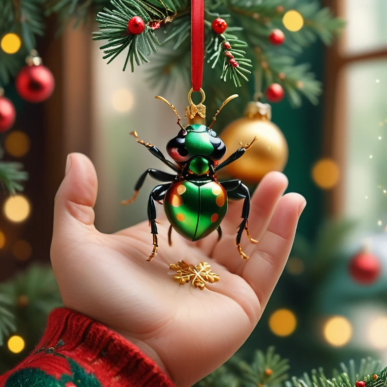 A person delicately holds a (christmas ornament shaped like a BugXmas ant) in their hands.
Their hands are open and carefully cradling the (christmas ornament shaped like a BugXmas ant), highlighting a sense of wonder and care.
BugXmas is decorated with small, colorful snowflakes and placed on a Christmas tree, including BugXmas golden and green BugXmas.
The background shows a cozy, softly lit room with a window displaying a blurred, wintry outdoor scene. The overall style is hyper-realistic with a warm, festive atmosphere.
<lora:BugXmas:0.65> <lora:MJ52:0.625> <lora:SDXLFaeTastic2400:0.625> <lora:LCMV2-PONYplus-PAseer:1.05>