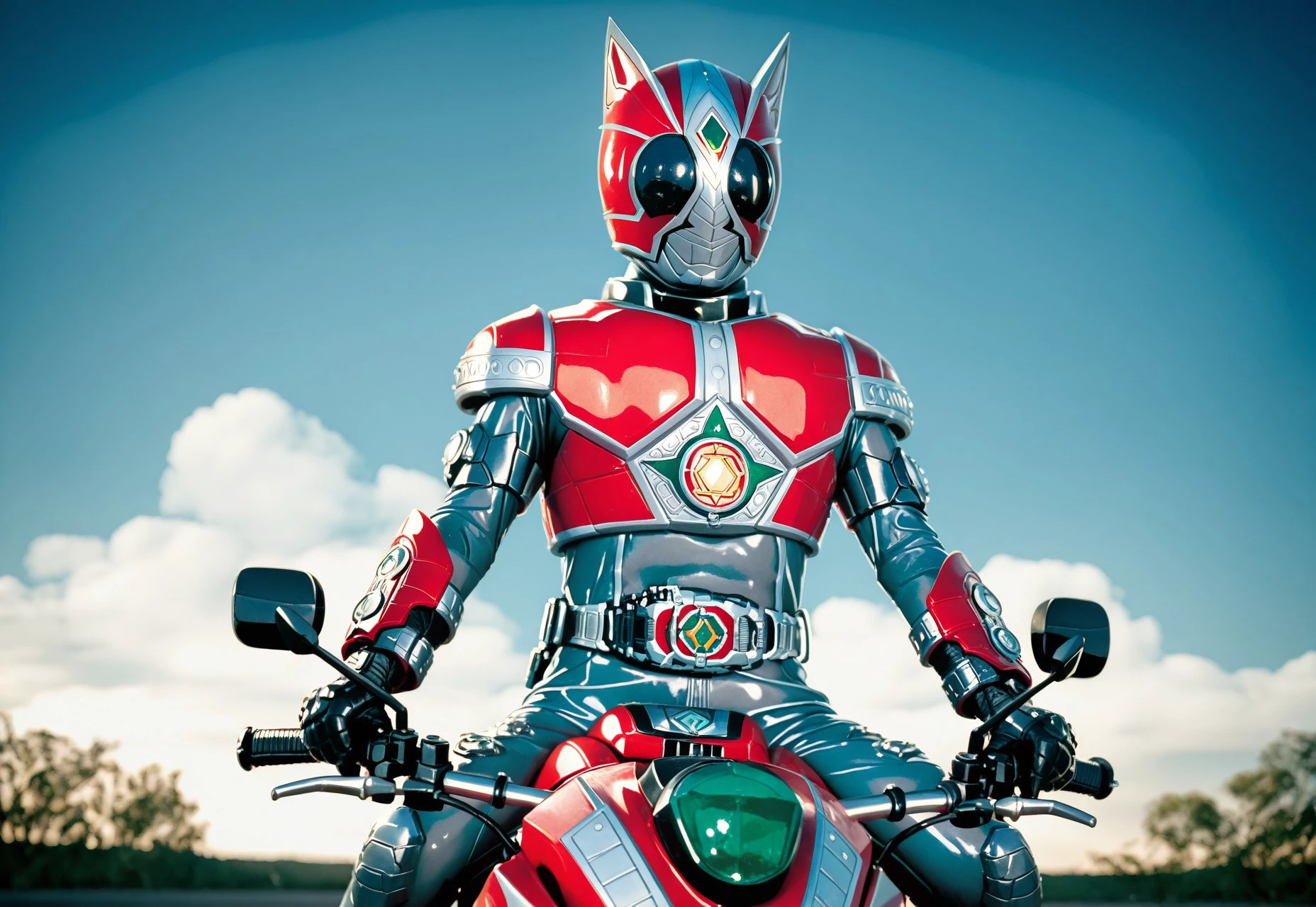 masterpiece, best quality, 32k, high resolution, absurdres, solo, armor, tokusatsu, bodysuit, helmet, rider belt, wheel of fortune (tarot), red armor, grey bodysuit, on motorcycle, riding, 