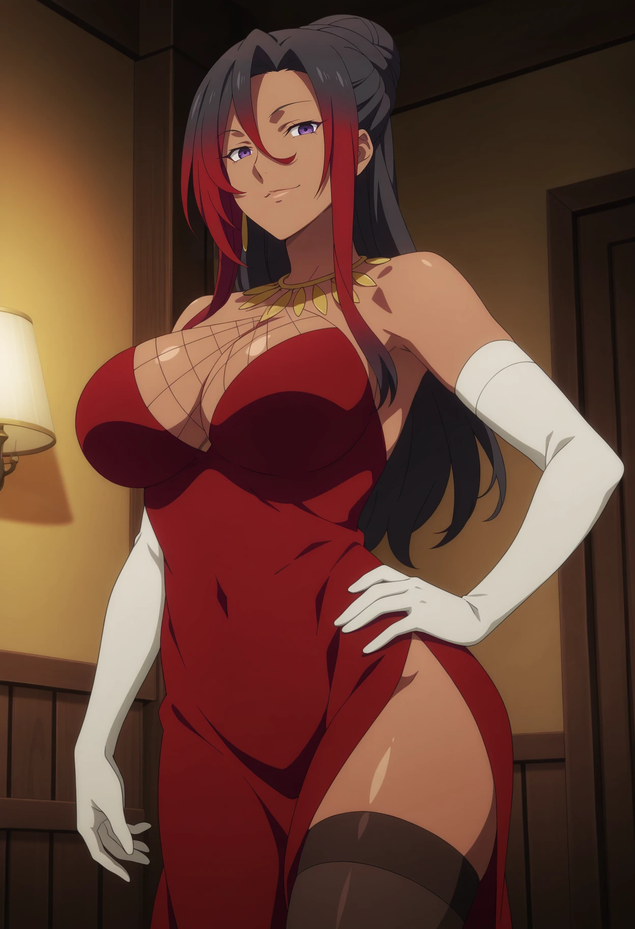 1girl,solo,sylvia,mature female,dark-skinned female,red hair,black hair,multicolored hair,long hair,purple eyes,large breasts,anime coloring, 
red dress,cleavage, side slit, thighhighs, elbow gloves, hand on own hip, looking at viewer, smile,indoors,cowboy shot, 
,masterpiece,best quality,amazing quality,<lora:Sylvia-KonoSuba_ix:0.7>,