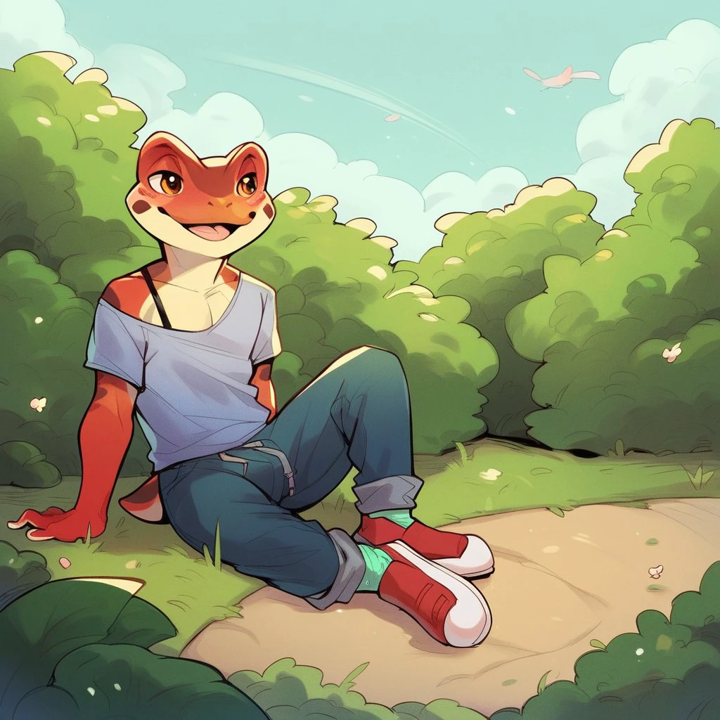 score_9_up, score_8_up,_7_up, score_6_up,_5_up, score_4_up, Anthro, frog, man, casual clothing, at the park