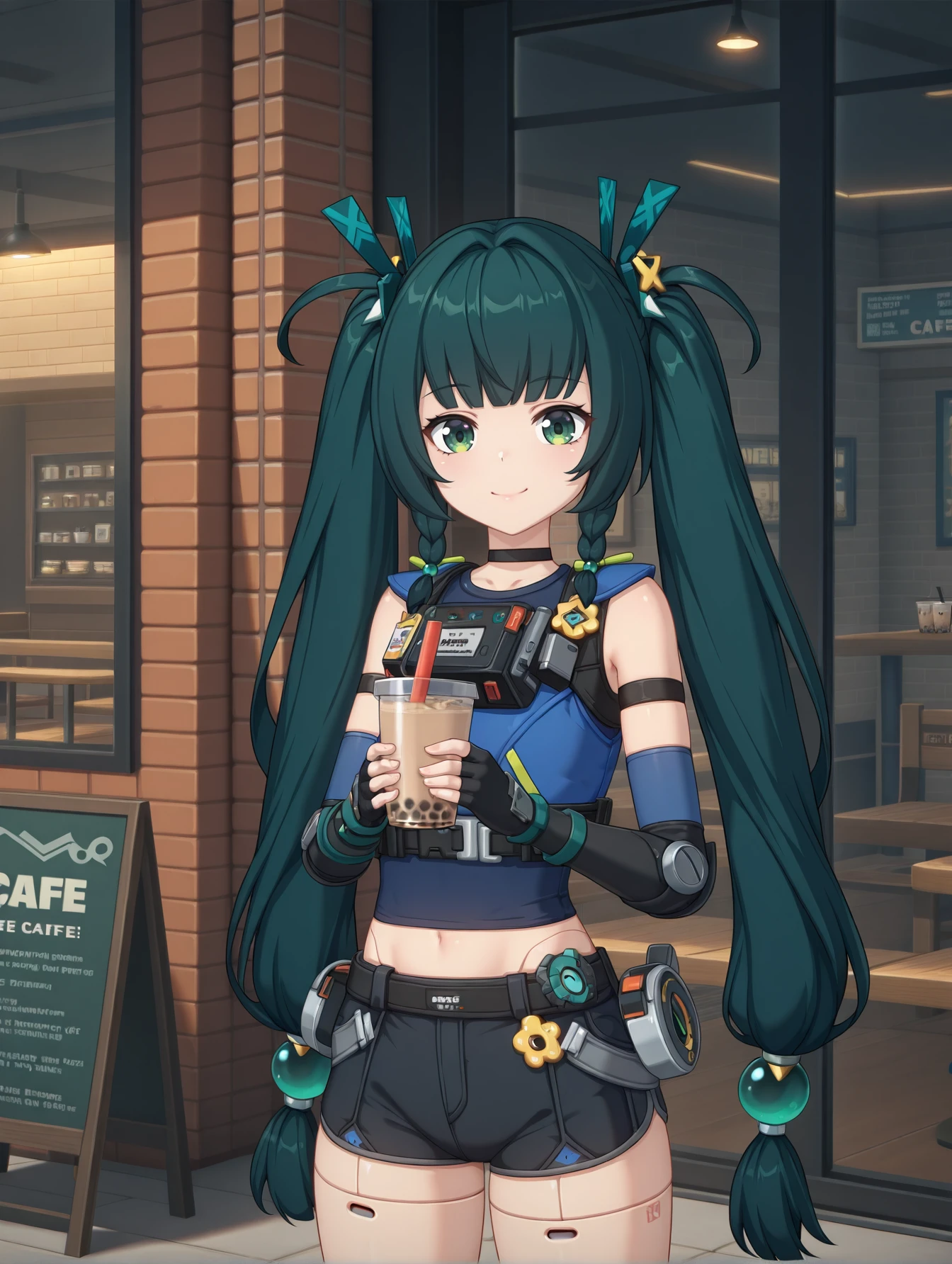 <lora:zzz-v6-illustrious:0.8>
qingyi, green hair, twintails, green eyes, hair ornament, crop top, sleeveless, blue shirt, elbow gloves, fingerless gloves, robot joints, short shorts, 1girl, solo, bubble tea, happy, cafe, cowboy shot, looking at viewer,
masterpiece, best quality, cinematic lighting