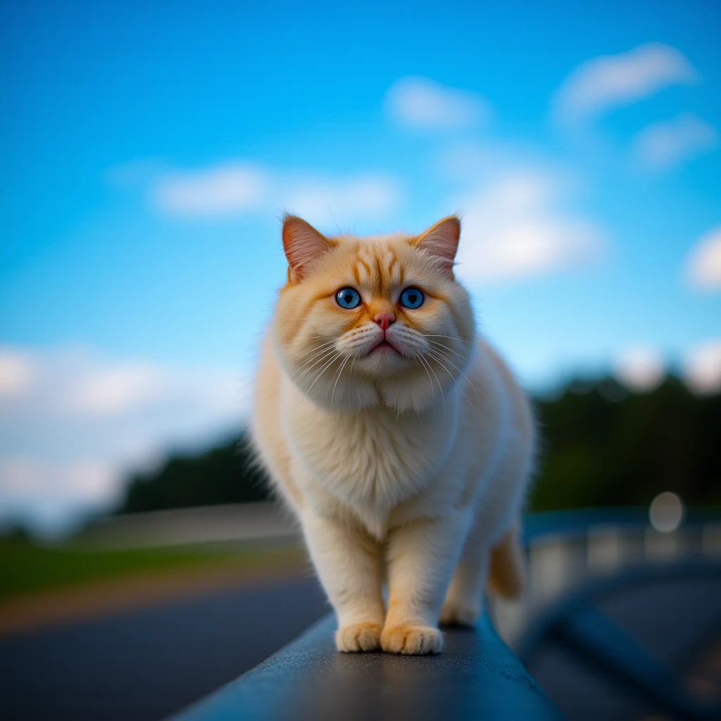 UHD, 4k, ultra detailed, cinematic, a photograph of <lora:Vivid polarizing filter style v1:1>
HDR, Vivid style, Neutral-density filter, In cinematic Polarizing filter photography style a surprisedcat is standing on a railing looking at the camera, sharp edges, detailed image, kodak polarized film style, contrast:1, darken skies, intense color, high contrast, darken image, contrast color, polarising filter style, Polarizing filter photography style, looking at viewer, blue eyes, outdoors, sky, day, blurry, blue sky, no humans, blurry background, depth of field, animal, cat, road, animal focus, photorealistic, railing, perfect exposure style:0.5, epic, beautiful lighting, inpsiring
