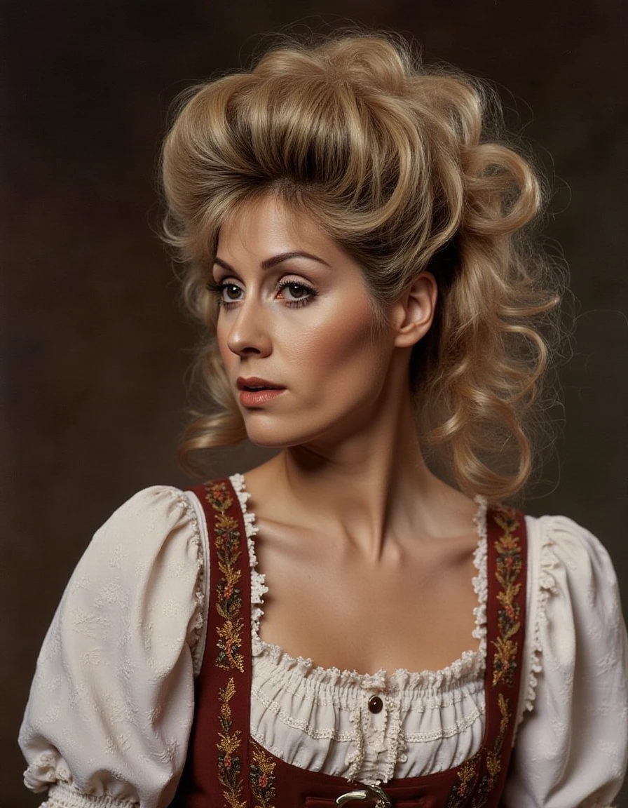 <lora:judith-light-flux:1> a woman dressed in a dirndl with a huge bouffant hairdo getting her portrait taken