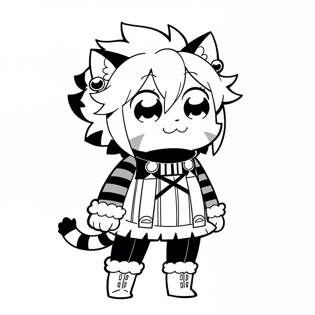masterpiece, best quality, amazing quality, bkub, parody, greyscale, monochrome, <lora:ElhIllus.safetensors:1>, elh, chibi, :3, 1girl, solo, full body, furry female, cat ears, short hair, white hair, facial mark, animal nose, body fur, striped tail, elhattire, earrings, fur trim, striped sleeves, black pants, white boots, simple background, white background