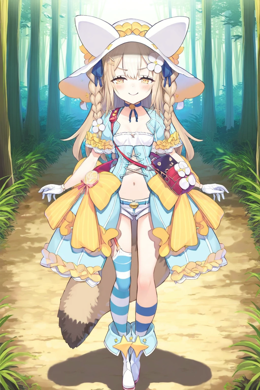 <lora:amemochi nina:1>,
masterpiece, best quality,
full body, smile, forest,