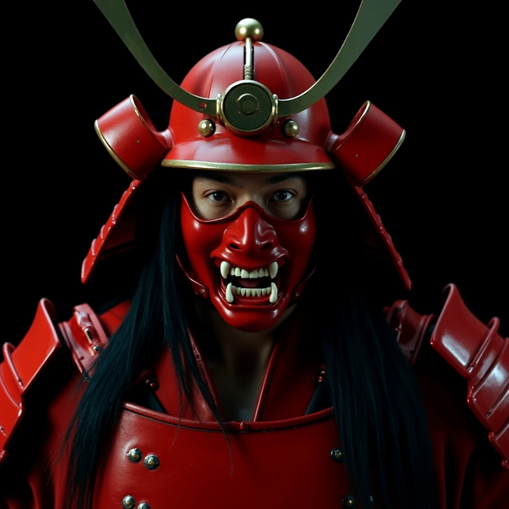 cinematic film still of <lora:Shogun style v1:0.5>
Shogun a closeup of a man in a red costume with a helmet and a sword, solo, long hair, looking at viewer, red eyes, 1boy, male focus, armor, mask, fangs, helmet, shoulder armor, portrait, arrow (projectile), japanese armor, samurai, kabuto (helmet), Japanese culture, Samurai, armor, warrior, horror theme, Shogun style, black hair, weapon, horns, colored skin, black background, red skin, tusks, oni mask
, shallow depth of field, vignette, highly detailed, high budget, bokeh, cinemascope, moody, epic, gorgeous, film grain, grainy