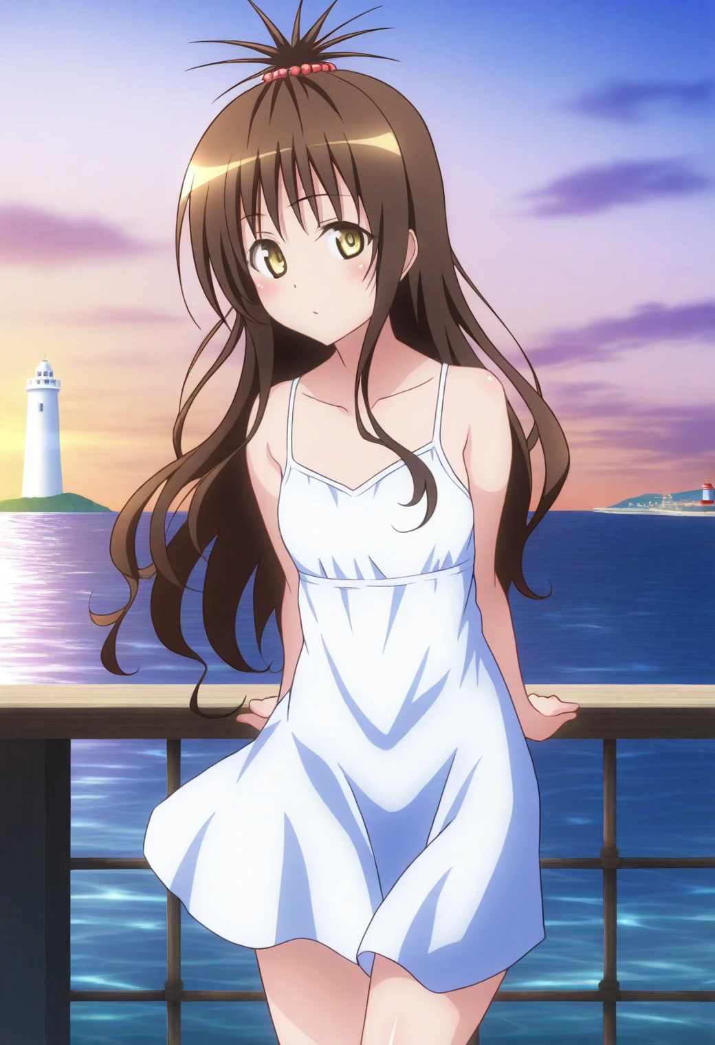 <lora:Mikan Yuuki - [To Love Ru] - illustriousXL v1:1>, sysdeep_mikan, borwn hair, yellow eyes, solo, Coastal lighthouse, short dress, leaning on white railings, ocean breeze