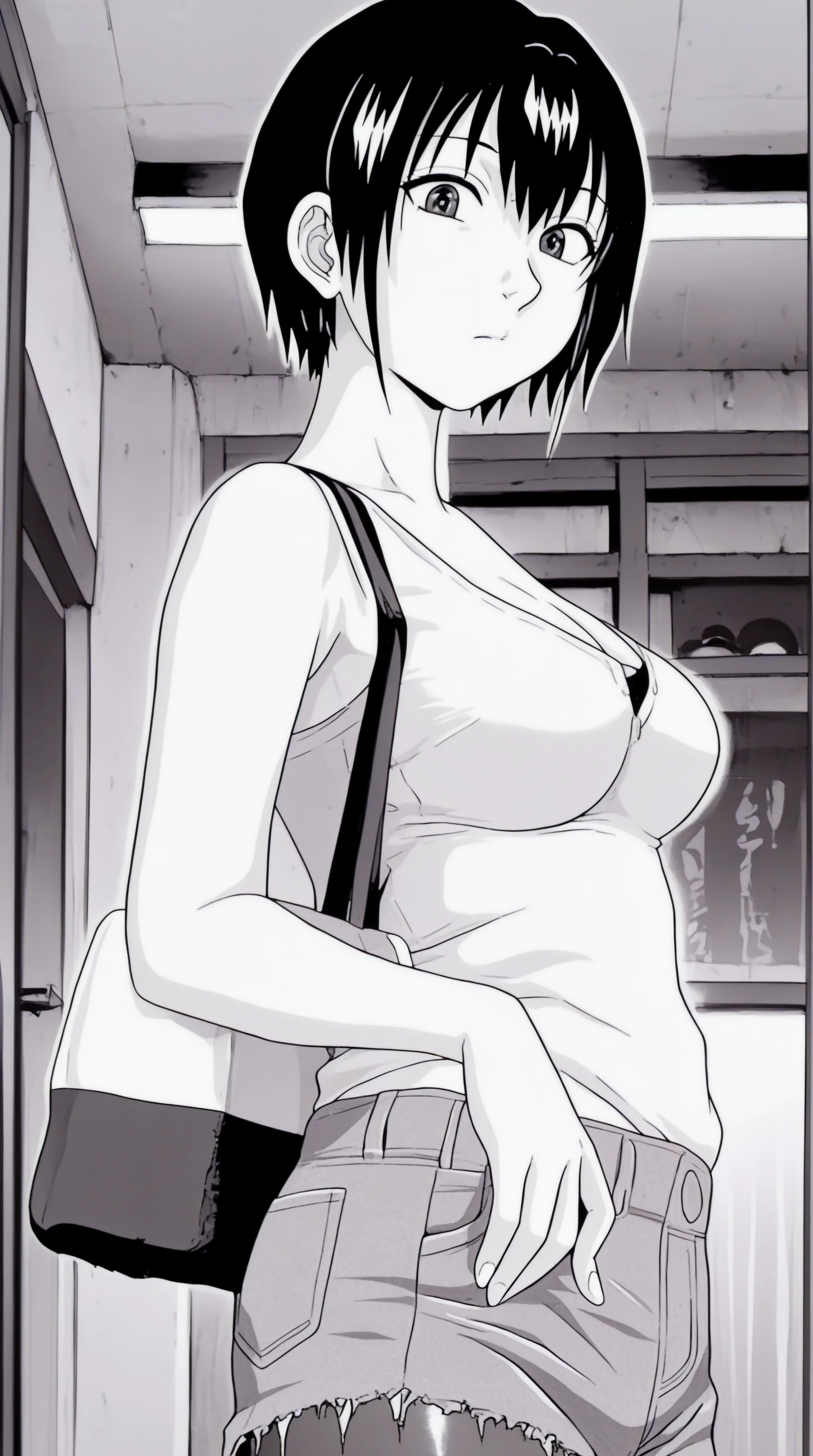 、(masterpiece、Highest quality)、Highest quality, Ultra-high resolution, (((masterpiece))), alone, Sweat、Big eyes, Composition from the front、Shortcuts、Embarrassed face、Bronze colored hair、Cut the back hair short、Bathroom、Shower scene、 Expose、Completely naked、pubic hair、belly button、Large areola、Nipples、short hair
