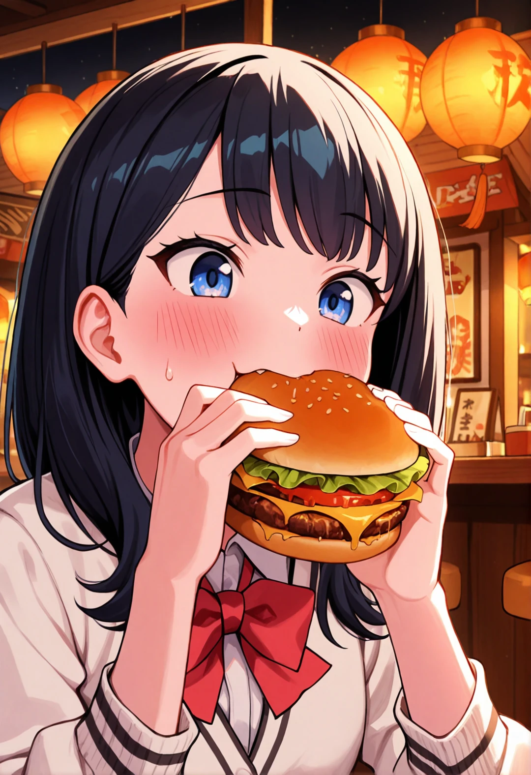 masterpiece, best quality, newest, absurdres, highres, 
Rikka takarada, unique outfit, cute, blushing, portrait, festival, lanterns, nighttime, warm light, restaurant, eating a burger,
 lodge, 
<lora:Rikka Takarada_IL_Final:0.8>