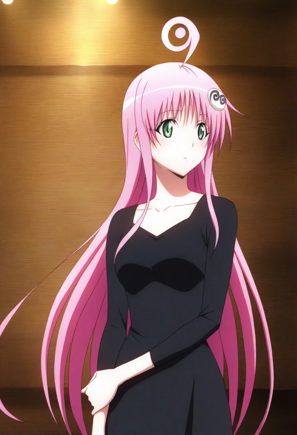 <lora:Lala Satalin Deviluke - [To Love Ru] - illustriousXL v1:1>, sysdeep_lala, pink hair, green eyes, solo, Art gallery, sleek black dress, standing by abstract painting, sophisticated aura