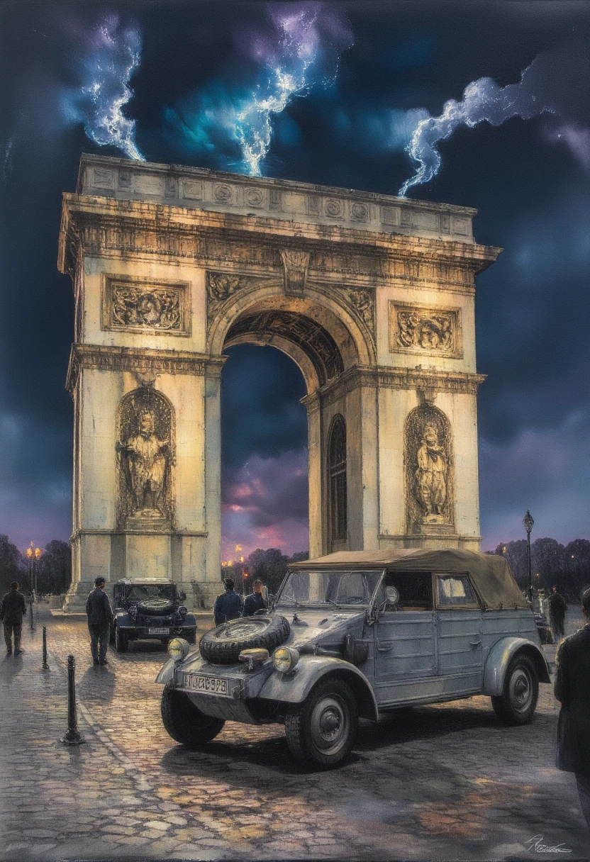 Illustration: Cars parked near the Arc de Triomphe, 1944, during World War II. Cobbled road at night. <lora:kubelwagen_flux:1>, Kubelwagen, door open, German grey, clean car.,<lora:ImpressionismFlux:1> ArsMJStyle, impressionism