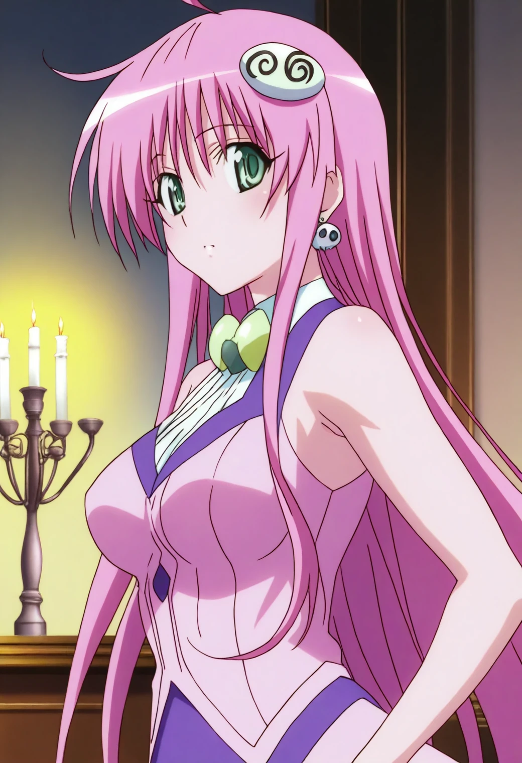 <lora:Lala Satalin Deviluke - [To Love Ru] - illustriousXL v1:1>, sysdeep_lala, solo, long earrings, candlelit room, leaning against wall, soft gaze