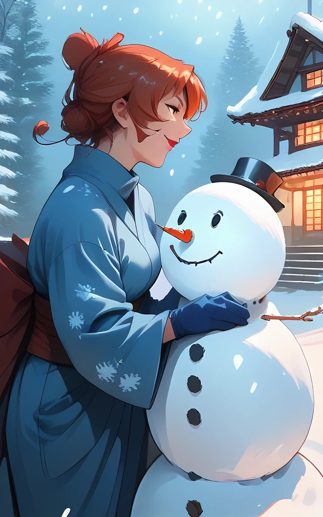 1girl, k0ch0injuu, profile, blue kimono, blue gloves, red lips smile, sn0wm4n, snowman, top hat, winter village scene, snowing, <lora:Kocho_-_Injuu_Gakuen_v1:0.7>, <lora:build_a_snowman_concept_v1:1.0>, score_9, score_8_up, score_7_up, score_6_up, score_5_up, score_4_up,