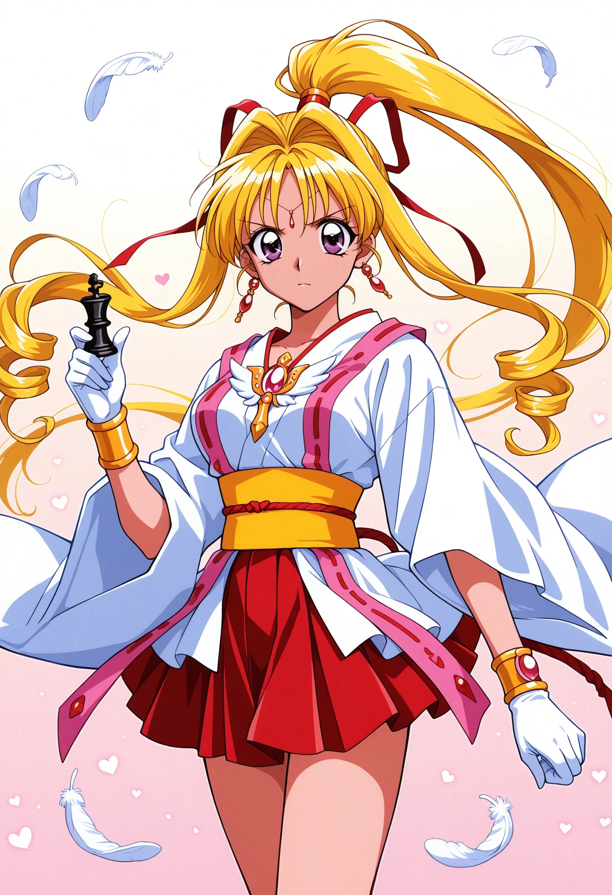 masterpiece,best quality, kkjeanne, 1girl, magical girl,  blonde hair, forehead jewel, white gloves, drill hair, high ponytail, long hair, red ribbon, earrings, red skirt, purple eyes, bracelet, wide sleeves, sash, abstract background, feathers, looking at viewer,  japanese clothes, hair intakes,<lora:kmaron:1>, heart,1990s \(style\), holding chess piece, determined, serious, white pawn \(chess\), cowboy shot, thighs,