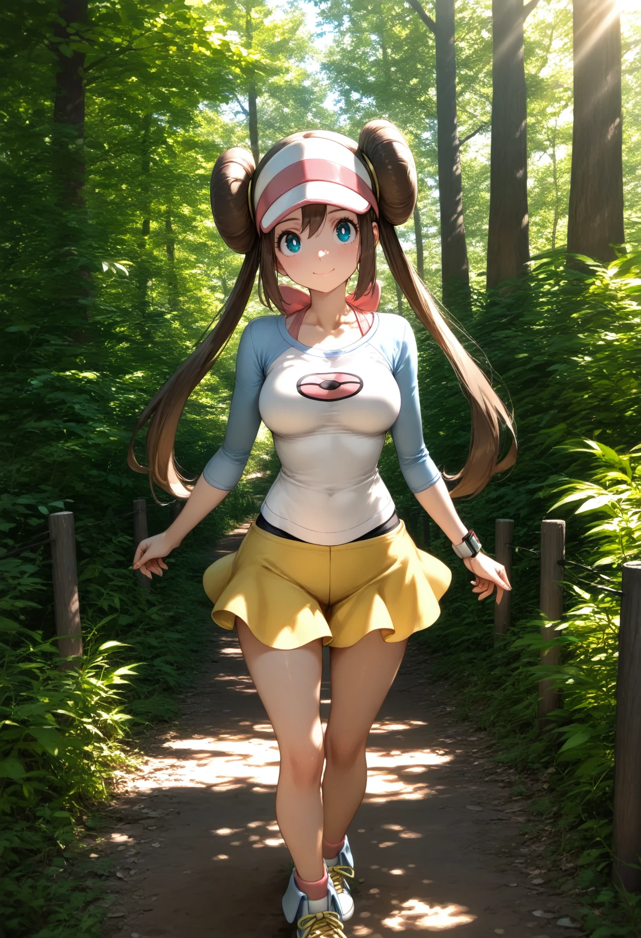 solo,
1girl,rosa \(pokemon\),brown hair,yellow skirt,shirt,breasts,headwear,
smile,
nature,outdoors,tree,forest,day,sunlight,plant,path,fence,
masterpiece,best quality,
<lora:99coins_japanese_central_forest_illu:0.8>,