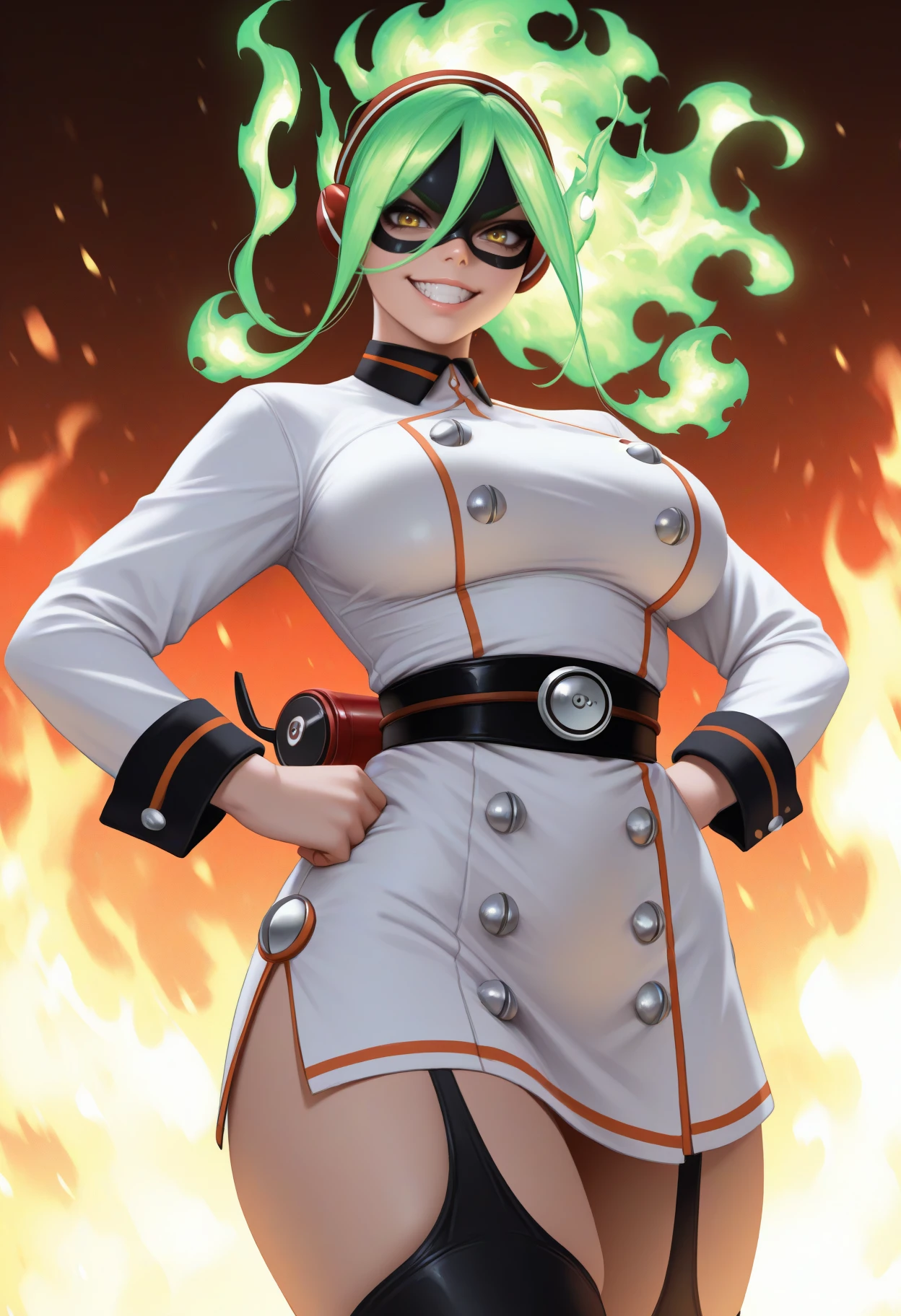 masterpiece, best quality, realistic, solo, 1girl, m0ekamiji, grin, looking at viewer, standing, hands on own hips, green hair, fiery hair, headphones, yellow eyes, v-shaped eyebrows, black mask, eye mask, domino mask, white dress, short dress, buttons, double-breasted, belt, long sleeves, black thighhighs, garter straps, large breasts, fiery background, fire
<segment:yolo-Anzhc Face seg 640 v2 y8n.pt,0.4,0.5//cid=1>