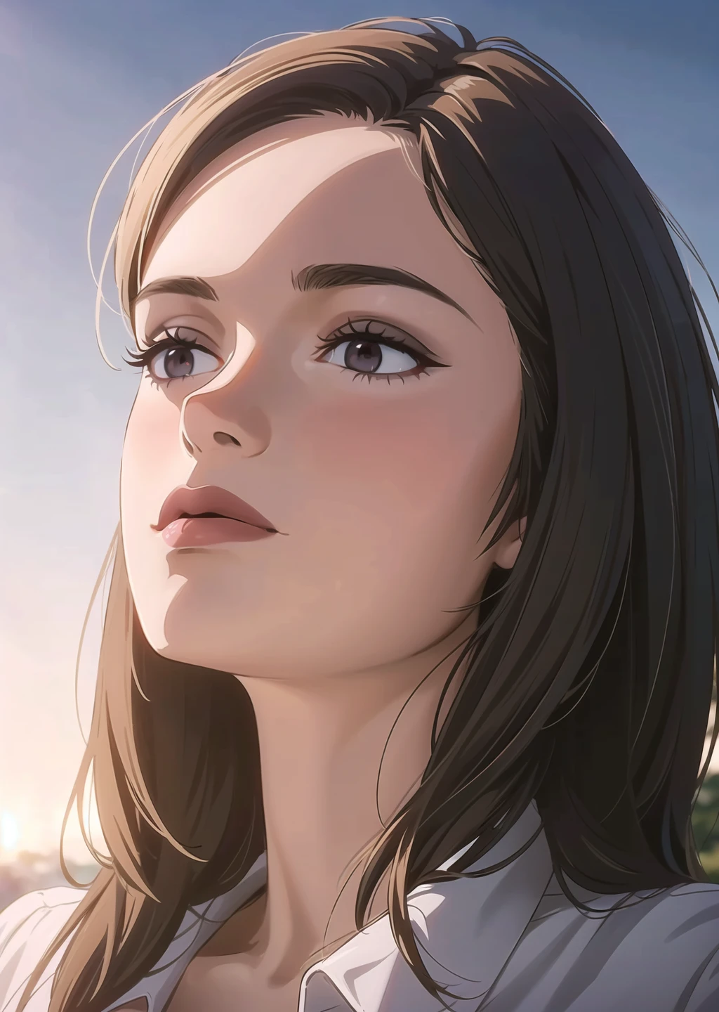 portrait,a women,long hair,lipstick,makeup,closed mouth,(shirt),(sky,nature),from below,dutch angle,((dawn,sunlight,glowing)),realistic,depth of field,Highly detailed,(ultra-detailed),(best quality:1.5,masterpiece:1.5),<lora:softlight:0.85>,softlight,