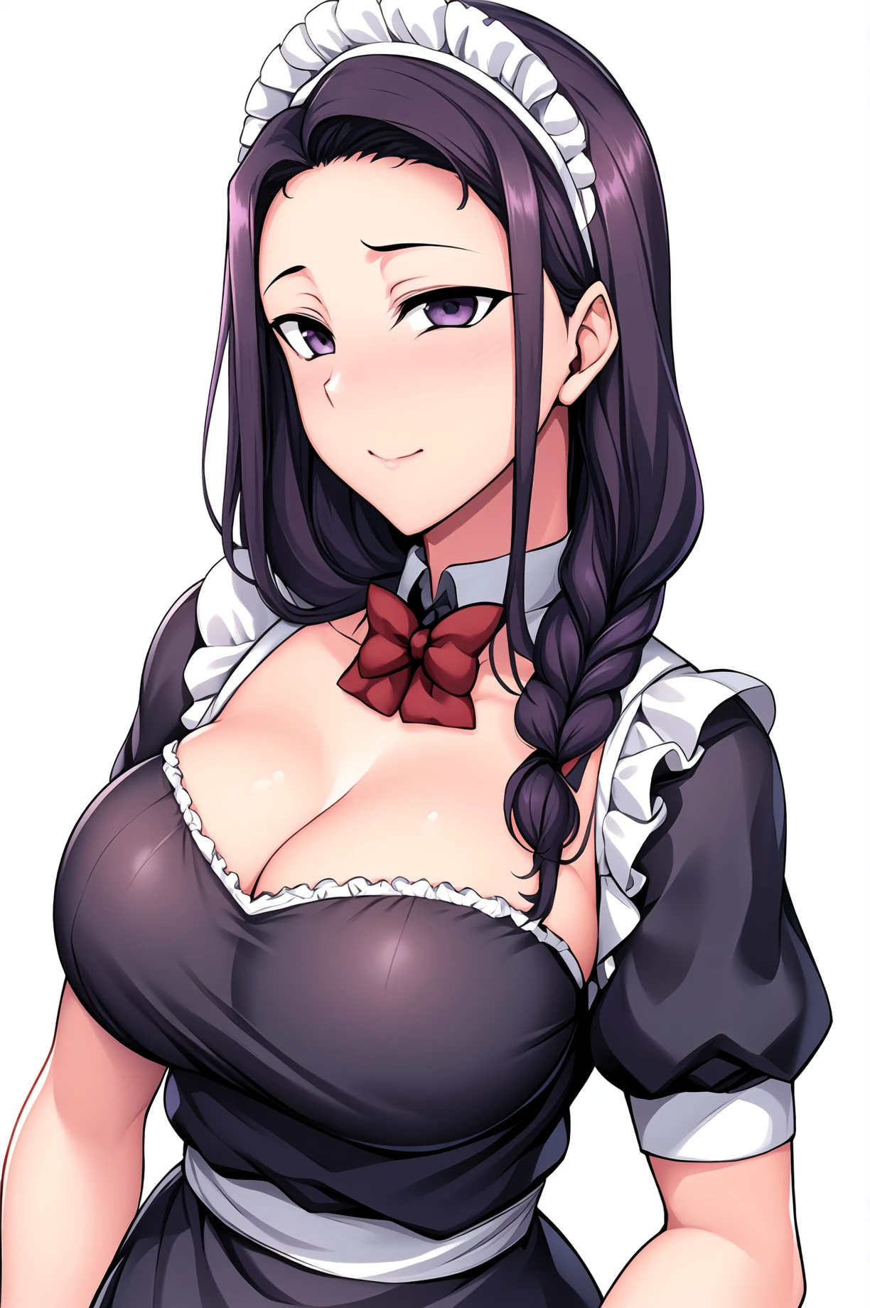 Simple Background,White_Background,
dynamic pose,standing at attention,
maid headdress, Maid, maid apron, red bow, cleavage, cleavage cutout, puffy sleeves, Black short sleeves, bare arms, 
<lora:Tsubaki_Miyajima_SaiminSeishidouSL-KK77-V1:0.7>, Tsubaki_Miyajima_SaiminSeishidou,
purple_hair, long_hair, hair_pulled_back,parted_lips,purple_eyes, Single_braid,
<lora:Oda_Non_Style-KK77-V2:0.3>,<lora:more_details:0.1>,<lora:SaiminSeishidou_Lesson_Style-KK77-V1:0.3>,
1 girl, 20yo,Young female,Beautiful long legs,Beautiful body,
Beautiful Nose,Beautiful character design, perfect eyes, perfect face,expressive eyes,perfect balance,
looking at viewer,(Focus on her face),closed mouth, (innocent_big_eyes:1.0),
official art,extremely detailed CG unity 8k wallpaper, perfect lighting,Colorful, Bright_Front_face_Lighting,White skin,
(masterpiece:1.0),(best_quality:1.0), ultra high res,4K,ultra-detailed,
photography, 8K, HDR, highres, absurdres:1.2, Kodak portra 400, film grain, blurry background, bokeh:1.2, lens flare, (vibrant_color:1.2),professional photograph,
(Beautiful,large_Breasts:1.4), (beautiful_face:1.5),(narrow_waist),