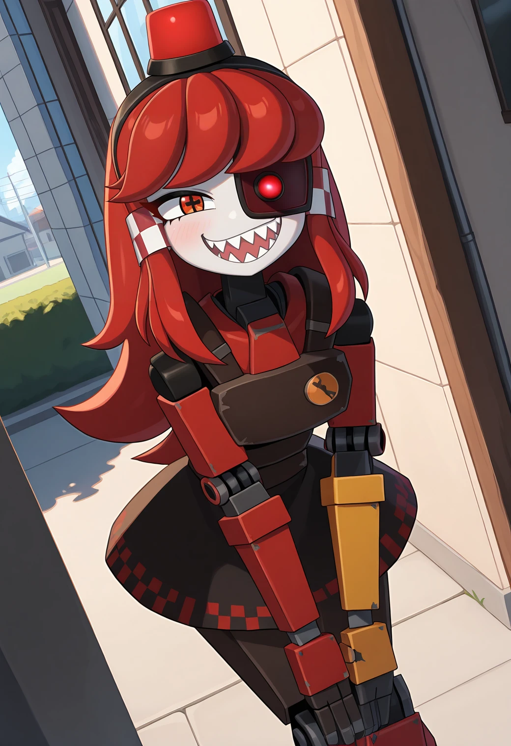 highres, best quality, masterpiece, outdoors, 
solo, 1girl, mimistrytf, mechanical eye, red hair, orange eyes, red eyes, long hair, hair tubes, mini hat, alarm siren, symbol-shaped pupils,
robot girl, black skirt, robot joints, red arm, yellow arm,
looking at viewer, smug, sharp teeth,
leaning forward, dutch angle,
<lora:_mimi_sentry-elesico-ilxlDB:1.25>