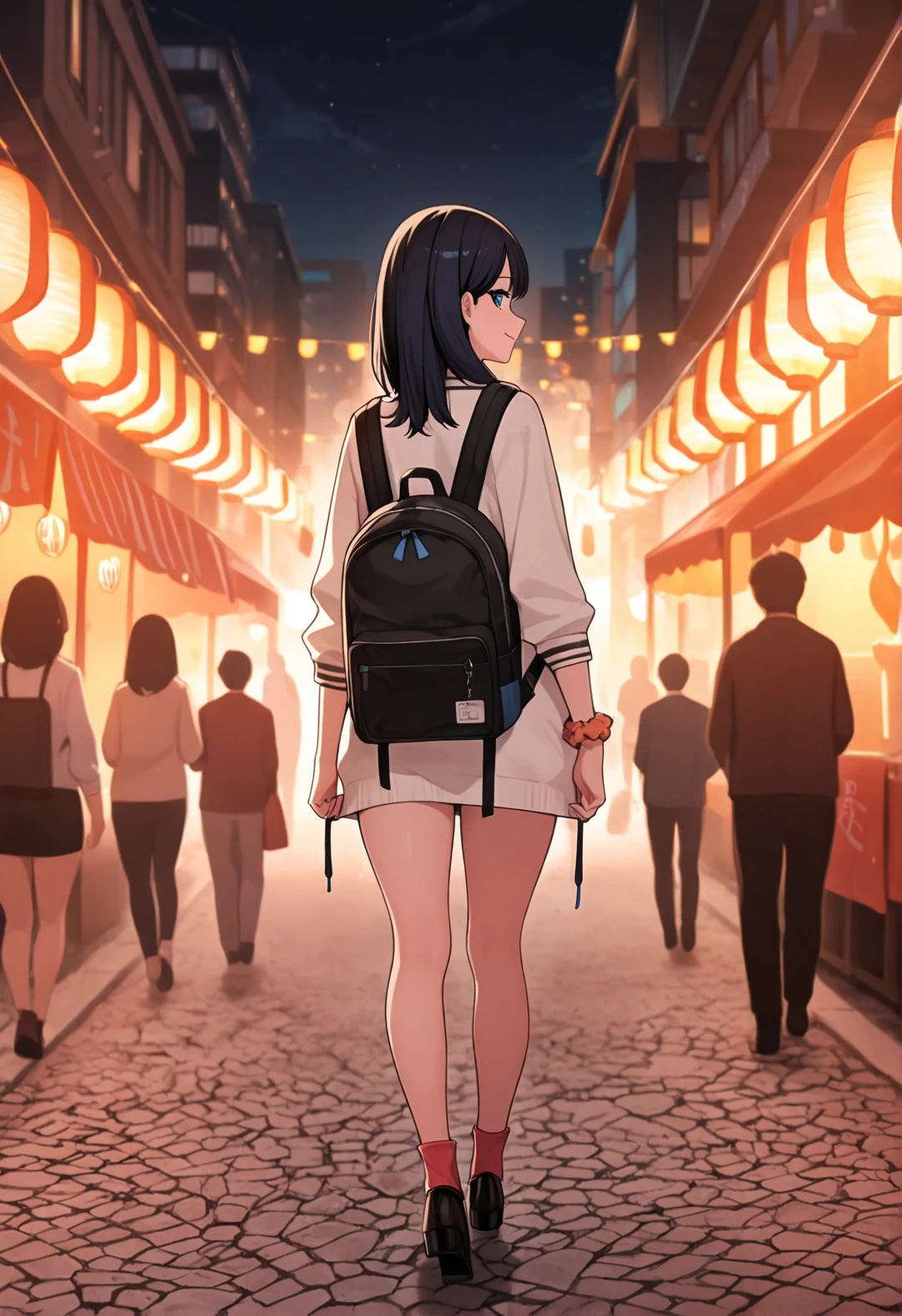 masterpiece, best quality, newest, absurdres, highres, Rikka Takarada, unique outfit, looking at viewer, cute, dutch tilt, cinematic, standing, smile, low angle, legs, festival, city, lanterns, nighttime, warm light, facing away, looking back, walking,
<lora:Rikka Takarada_IL_Final:0.8>