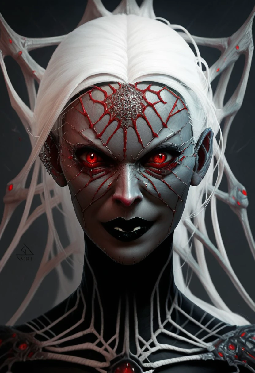 score_9, score_8_up, score_7_up, score_6_up,  
lo0thqu33n0fsp1d3rs, lolthqueenofspiders, lolth queen of spiders, red eyes, solo, white hair, looking at viewer, smile, 1girl, spider web, grey skin, black lips, silk, grin, portrait, makeup, colored skin, teeth, simple background