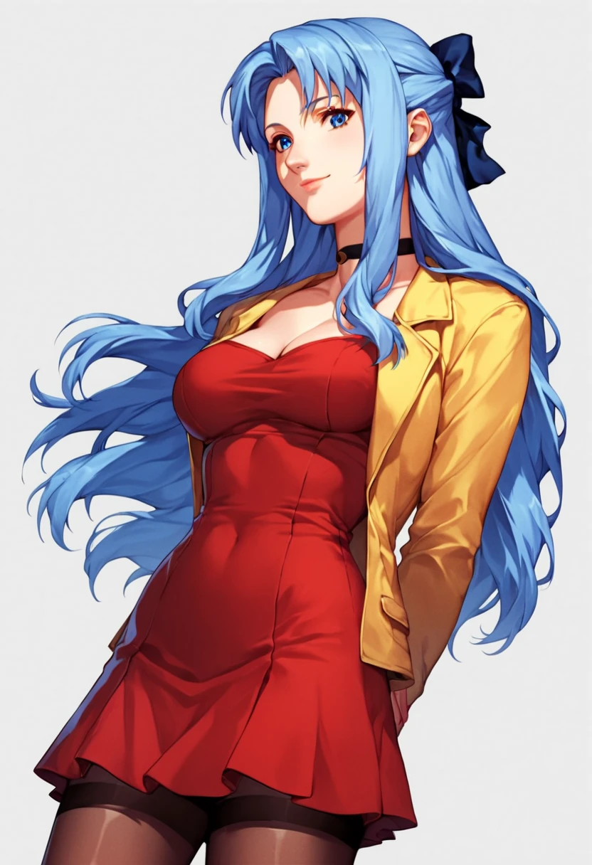 score_9, score_8_up, score_7_up, score_6_up, 1girl, solo,  Sylia_Stingray, blue hair, blue eyes, long hair, half updo,  choker, red dress, yellow jacket, skirt, pantyhose, hair bow, detailed eyes, perfect face, perfect eyes, sexy, sexy girl, beautiful eyes, petite body, medium breasts, standing, arms behind back, posing, light smile, simple background, from below, dynamic angle