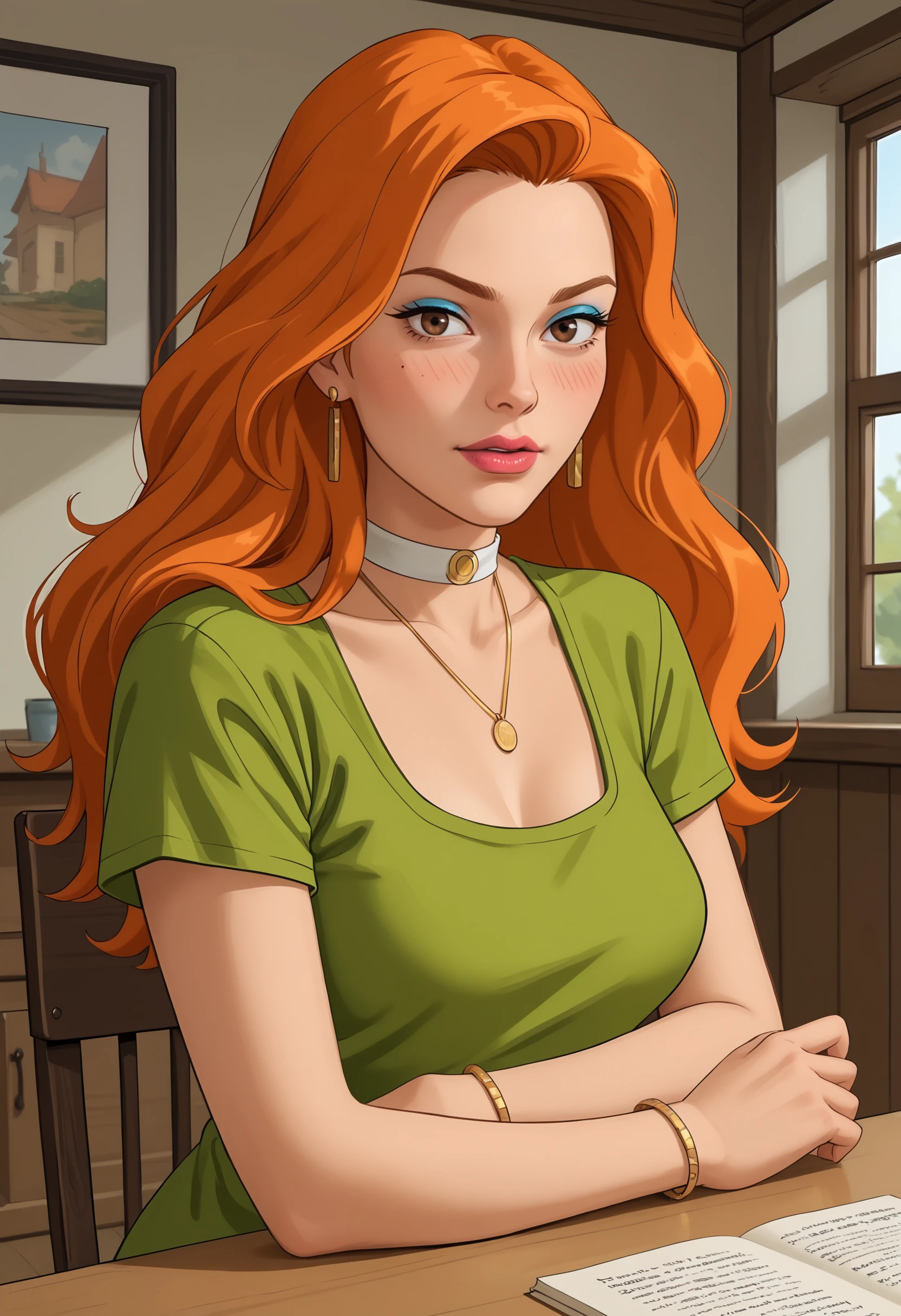 score_9, score_8_up, score_7_up, score_6_up, score_5_up, score_4_up, 1girl, <lora:CousinMelF:0.65> cmel, long hair, orange hair, breasts, brown eyes, lipstick, makeup, blue eyeshadow, jewelry, necklace, choker, green shirt, earrings, looking at viewer, upper body, blush, sitting, 
indoors,