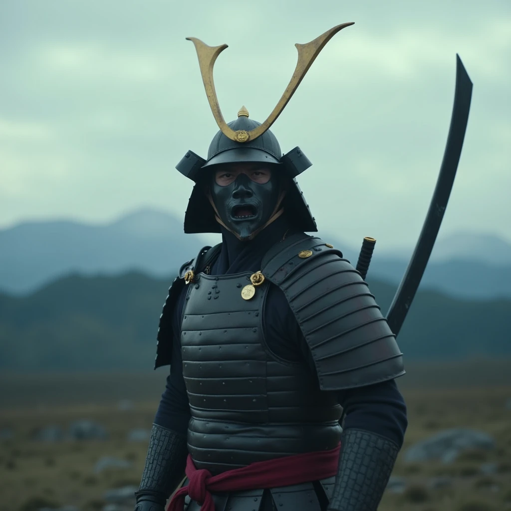 cinematic film still of <lora:Shogun style v1:0.5>
Shogun a man in a samurai costume holding a sword, solo, 1boy, standing, weapon, male focus, outdoors, sword, holding weapon, armor, katana, helmet, shoulder armor, sheath, 1other, sheathed, japanese armor, antlers, ambiguous gender, sode, kote, samurai, covered face, kusazuri, kabuto (helmet), Japanese culture, Samurai, armor, warrior, horror theme, Shogun style, holding, horns, sky, cloud, mask, mouth mask, mountain, mountainous horizon, grey sky, shallow depth of field, vignette, highly detailed, high budget, bokeh, cinemascope, moody, epic, gorgeous, film grain, grainy