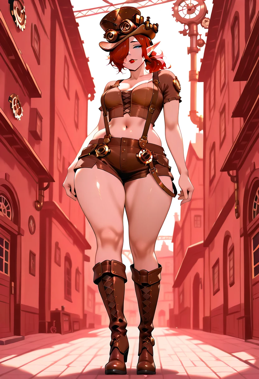 1girl, solo, (Mature Human Female: 1.3), (Long Red Hair Over One eye in ponytail: 1.5), (blue Eyes: 1.3), (Thicc Thighs: 0.2), (Thicc Calves: 0.2), (Big Ass: 0.2), (Slightly Plump: 0.2), tall, Curvy, (Red Lipstick: 1.3), (Medium breasts: 1.3), (Steampunk Outfit, top hat, cross-laced footwear, Suspenders, Steampunk Outfit midriff shirt, knee boots: 1.3), (Standing  in a steampunk city street: 1.3), (View From Front: 1), Full Body Shot: 1.3, Eyes half open, winking at viewer, biting bottom lip: 1.3, Soft Lighting, masterpiece, (absurdres), very aesthetic, extremely detailed, high saturation, high contrast, (sharp image), (best quality), (detailed background), (intricate details), high score, great score, faux traditional media, cool colors  <lora:StS-Illustrious-Detail-Slider-v1.0:3> <lora:Earthbound_-_Steampunk_Outfit_-_IllustriousXL:1>