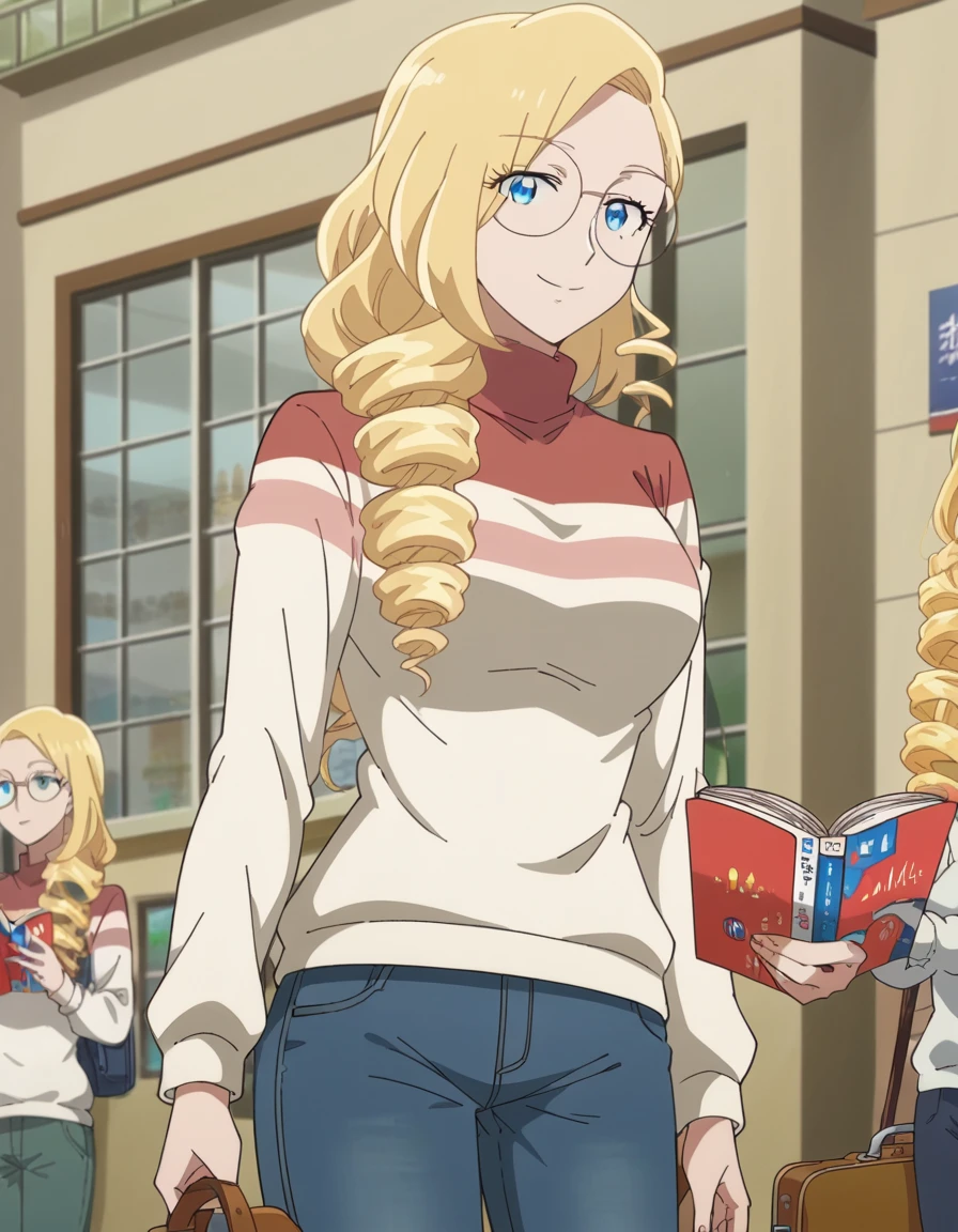 score_9, score_8_up, score_7_up, source_anime, <lora:claudia-maria-van-liechteburg-s1-ponyxl-lora-nochekaiser:1>, claudia maria van liechteburg, long hair, blue eyes, blonde hair, drill hair, large breasts, anime screencap,, glasses, sweater, pants, denim pants,, airport, waiting area, suitcase, flight delayed, passengers, reading book, smile, hands on own knees, looking at viewer, solo,, dutch angle, cowboy shot