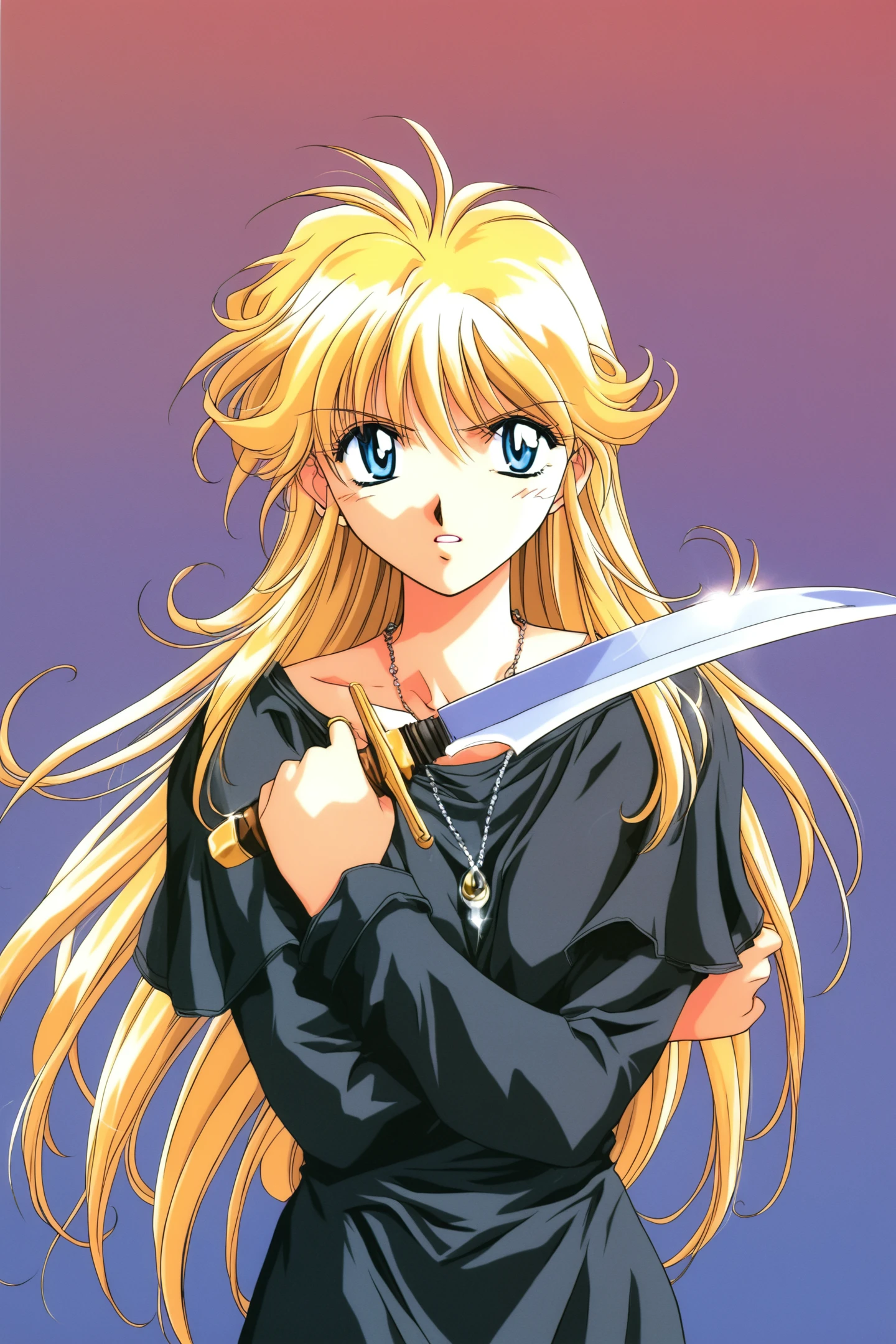 Cleao Everlasting,solo,blonde hair,blue eyes,jewelry,knife,1girl,weapon,long hair,necklace,
<lora:Yuuya Kusaka_illustriousXL:0.8>,