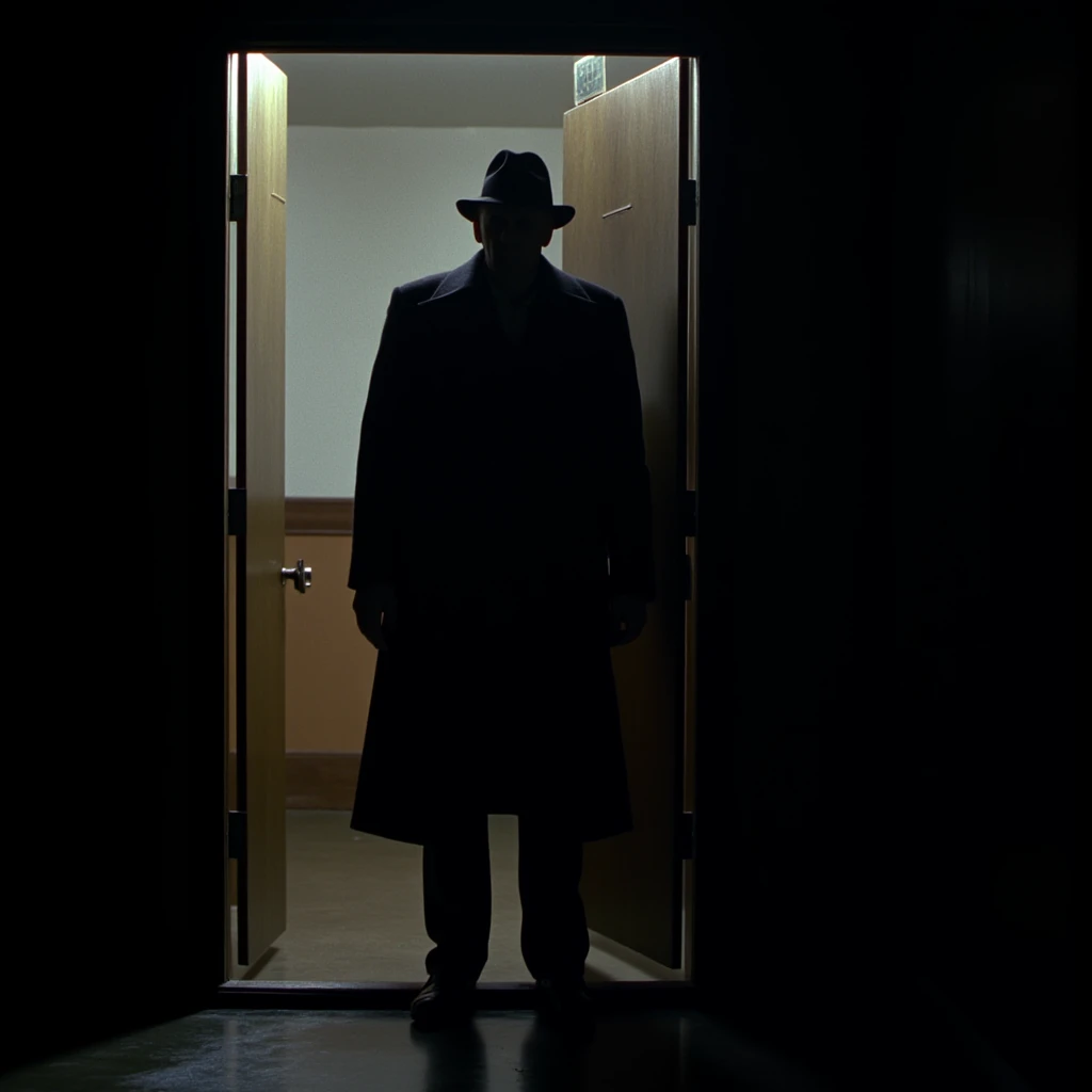 cinematic film still of  <lora:1990's style Dark City v1:0.8>
In 1990's In the 90's  neo-noir science fiction film Strangers antagonists bald pale skin outlanders a man in a black coat and hat standing in a doorway, solo, gloves, 1boy, hat, standing, male focus, coat, facial hair, trench coat, horror movie themed, sharp, detailed, epic cinematic photography, artistic, dramatic light, cinematic color style, Kodak film style, dark city style, full shot, black coat, fedora, shallow depth of field, vignette, highly detailed, high budget, bokeh, cinemascope, moody, epic, gorgeous, film grain, grainy