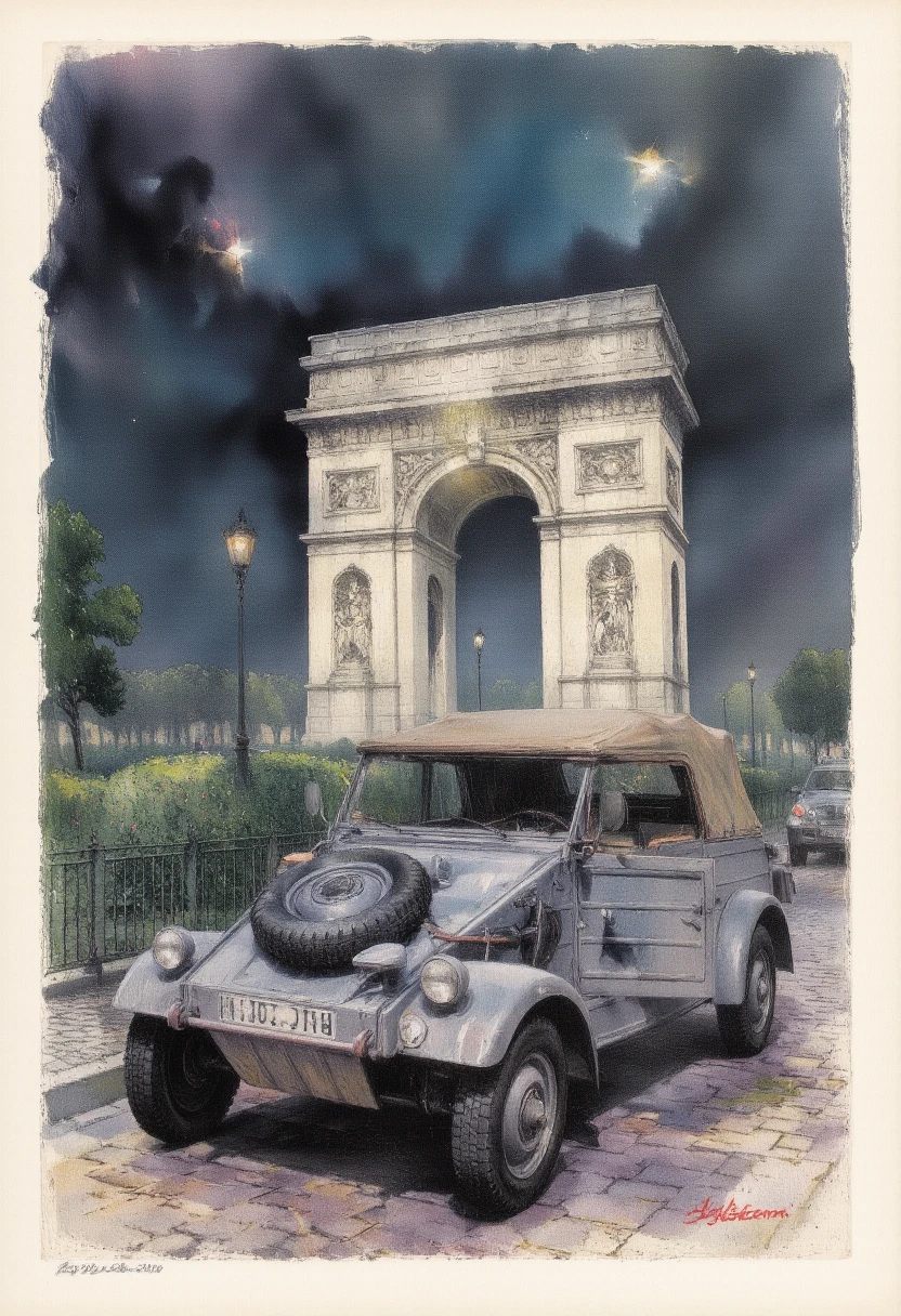 Illustration: Cars parked near the Arc de Triomphe, 1944, during World War II. Cobbled road at night. <lora:kubelwagen_flux:1>, Kubelwagen, door open, German grey, clean car.,<lora:ImpressionismFlux:1> ArsMJStyle, impressionism