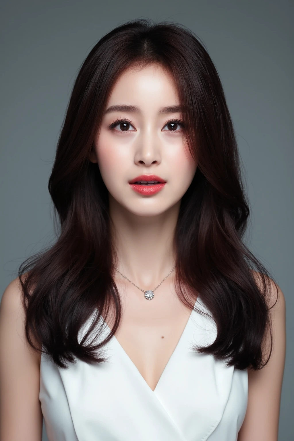 (medium full shot), beautiful korean girl with dark eyeshadow and eyeliner, red lips, long wavy hair , wearing white sleeveless dress,  gray background, studio lighting, necklace, dslr, soft lighting, high quality, film grain,  light reflections, blood vessels,  pale skin, skin pores,blood vessels in sclera, detailed skin, beauty spots, skin fuzz, <lora:flux_realism_lora:1>,  <lora:makinaflux_kimtaehee_v1.0:1>