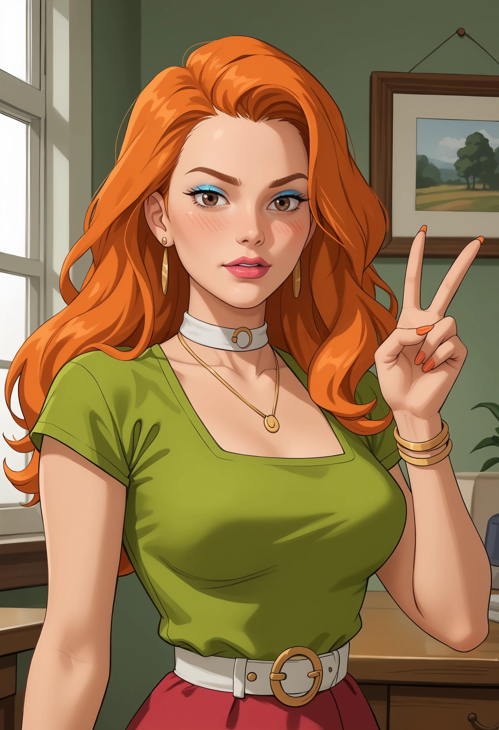 score_9, score_8_up, score_7_up, score_6_up, score_5_up, score_4_up, 1girl, <lora:CousinMelF:0.65> cmel, long hair, orange hair, breasts, brown eyes, lipstick, makeup, blue eyeshadow, jewelry, necklace, choker, green shirt, skirt, earrings, looking at viewer, upper body, blush, v sign, 
indoors,