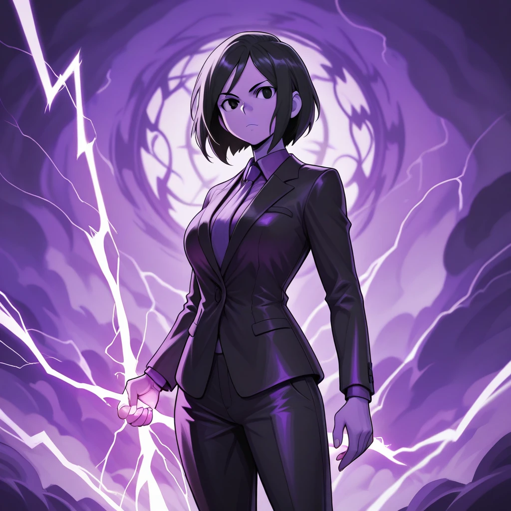 masterpiece, best quality, HoldingZeusThunderBolt, holding lightning , 1girl, solo, black hair, short hair, black eyes, formal, black suit, necktie, black pants, cowboy shot,   <lora:HoldingZeusThunderBolt_illustrious_Leaf2:1>, purple theme,