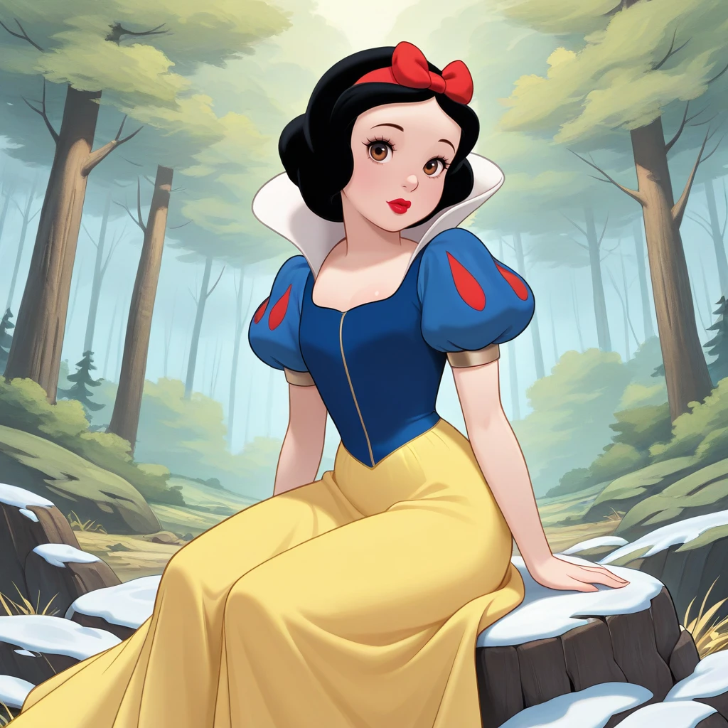 masterpiece, best quality, Snow_White, 1girl, solo, short hair, black hair, hairbow, brown eyes, lipstick, dress, short sleeves, puffy sleeves, cowboy shot, <lora:SnowWhite1937_illustrious_Leaf1:1>, forest, sitting on rock, looking at viewer,