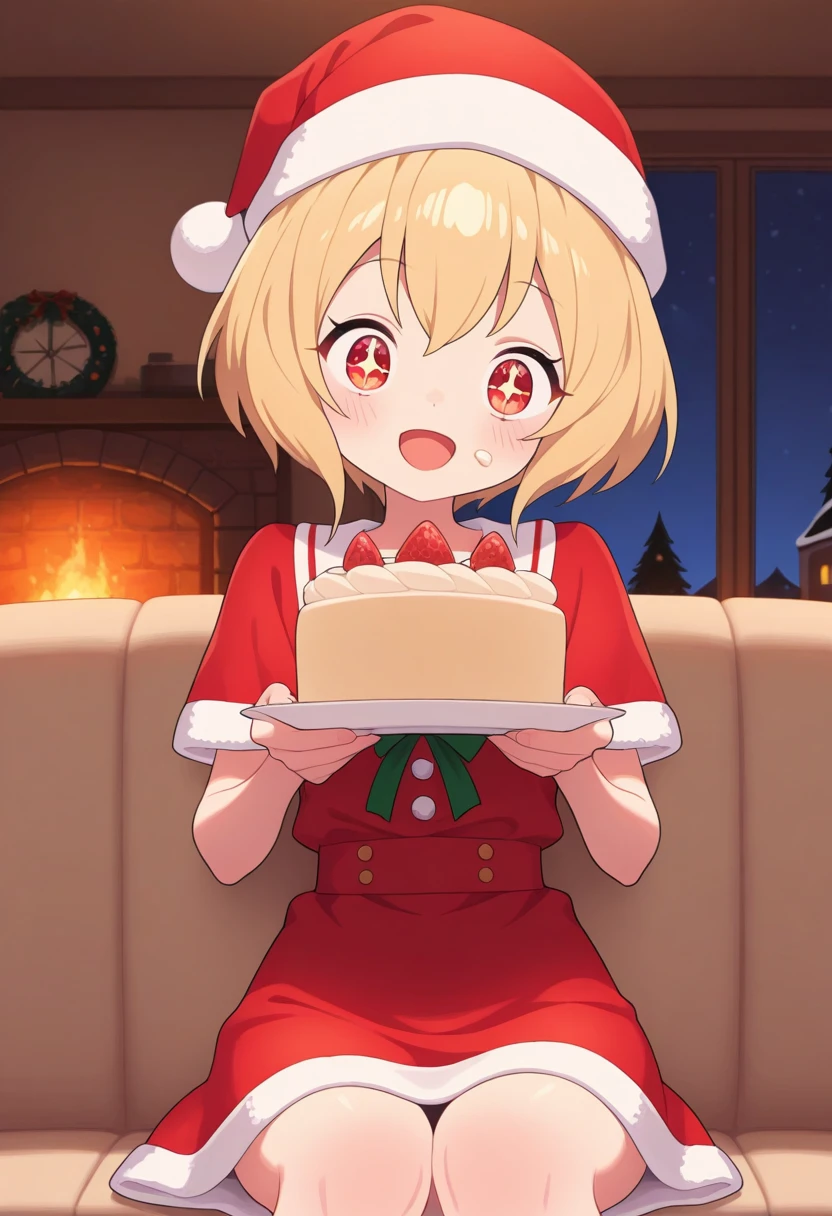 best quality, masterpiece, humansango, 1girl, solo, short hair, open mouth, smile, red eyes, blonde hair, livingroom, indoors, fireplace, santa dress, santa hat, smile, night time, sitting, couch, sparking eyes, holding plate, eating cake, sparkling eyes