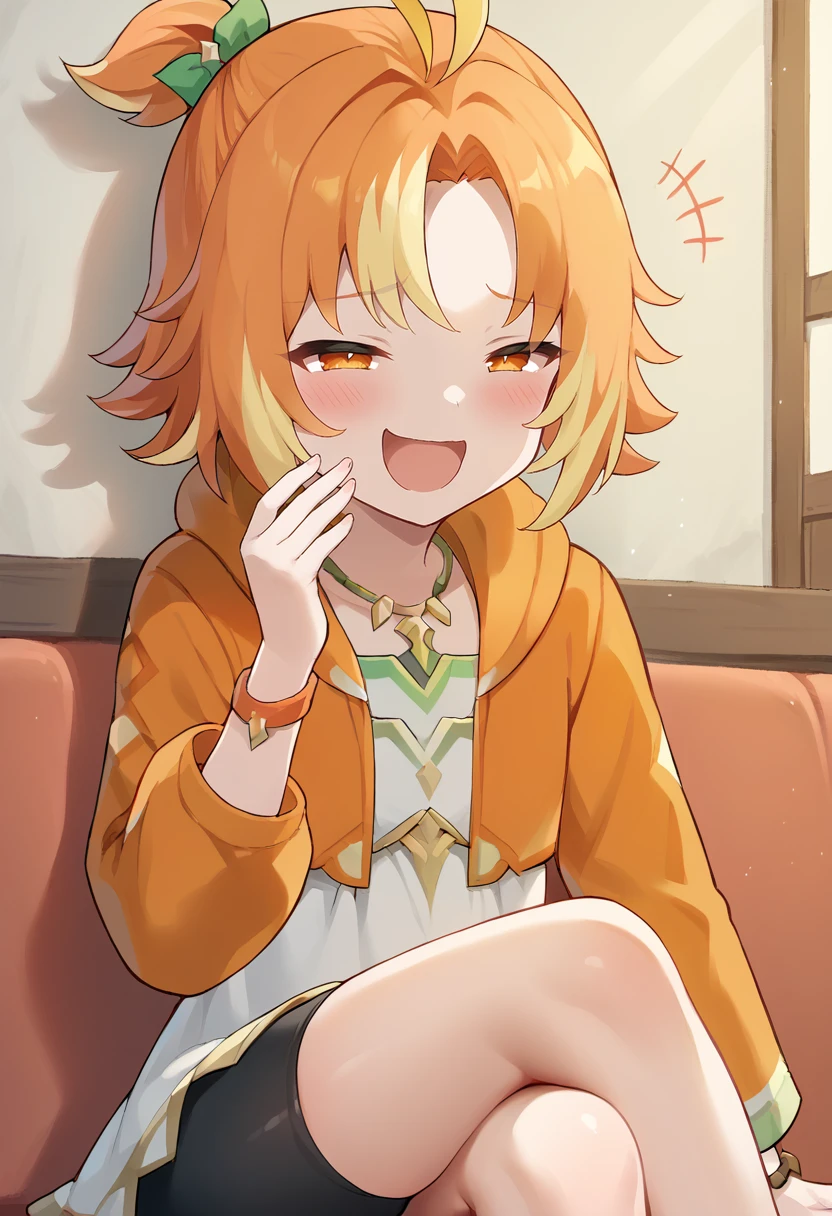 masterpiece, best quality, uncensored, source_anime, score_9, score_8_up, score_7_up, score_6_up, score_5_up, score_4_up, 1girl, solo, hinegenshin, orange eyes, multicolored hair, two-tone hair, blonde hair, orange hair, short hair, ahoge, ponytail, high ponytail, side ponytail, short ponytail, hair bow, green bow, bracelet, necklace, white dress, orange jacket, hood, long sleeves, bike shorts, pov bullying, teasing, smug, bullying, laughing, open mouth, blush, hand up, sitting, crossed legs, <lora:HineHaumia:0.85> <lora:add-detail-xl:0.6> <lora:cfg_scale_boost:0.5> <lora:Expressive_H:0.6> <lora:pov-bullying-ponyxl-lora-nochekaiser:1>