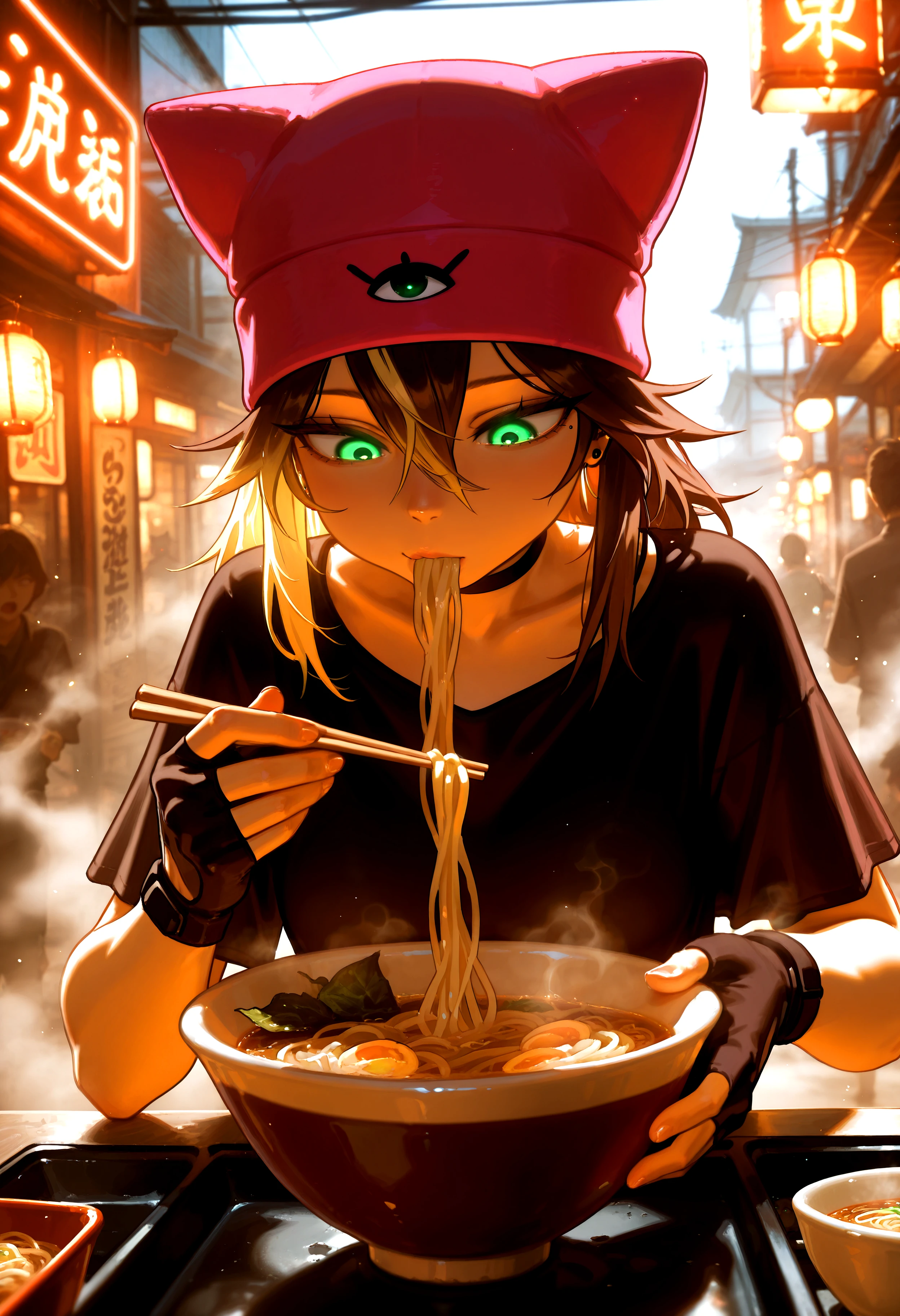 HDR, 8K, high contrast, masterpiece, best quality, amazing quality, very aesthetic, high resolution, ultra-detailed, absurdres, newest, scenery, crazy shadow, dynamic angle, chiaroscuro, noodles, chopsticks, ramen, neon lights, brokie-shteppi, 1girl, green eyes, sanpaku, wide eyes, blonde hair, brown hair, (multicolored hair), hair between eyes, pink beanie, animal hat, holding chopsticks, eating, choker, food, holding, ear piercing, jewelry, earrings, fingerless gloves, bowl, looking down, cyberpunk, glowing, piercing, solo focus, lantern, glowing eyes, fog, smoke, BREAK, photorealistic, beautiful detailed eyes, detailed skin, detailed hair, volumetric lighting, dappled light, light particles, dramatic shadows, cinematic lighting, photo background, depth of field, <lora:IL\UK shiny_skin1v_ILXL:0.8> <lora:IL\KMS_Brokie-Shteppi:0.8>