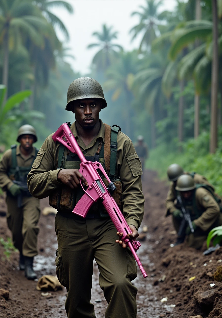 P.Diddy, dressed in full military gear, stands amidst the chaotic and intense battlefield of Vietnam. His camouflage uniform is splattered with mud and grime, a testament to the harsh conditions of the jungle warfare. A helmet sits firmly on his head, and his face is painted with streaks of camouflage, adding to his rugged and determined appearance.

In his hands, he holds a striking pink M16 rifle, a stark contrast to the grim and dangerous environment. The rifle is meticulously detailed, with a bright pink finish that stands out against the muted greens and browns of the jungle. P.Diddy's grip on the weapon is firm and confident, his eyes scanning the surroundings with a mix of alertness and resolve.

The background is a vivid depiction of the Vietnam jungle during combat. Tall, dense trees and thick foliage create a claustrophobic atmosphere. The air is thick with the smell of gunpowder and the sound of distant explosions. Smoke from recent detonations lingers in the air, casting an eerie haze over the scene.

Soldiers in similar camouflage gear are scattered around, taking cover behind fallen trees and makeshift barriers. The ground is a mix of mud and debris, with craters from recent explosions adding to the rugged terrain. The sound of helicopters overhead and the distant rumble of artillery fire create a sense of constant danger and urgency.

P.Diddy's presence is commanding, his stance exuding a mix of strength and determination. Despite the chaos, he remains focused and ready, the pink M16 rifle adding a surreal and unexpected element to the intense battlefield scene

P.Diddy 