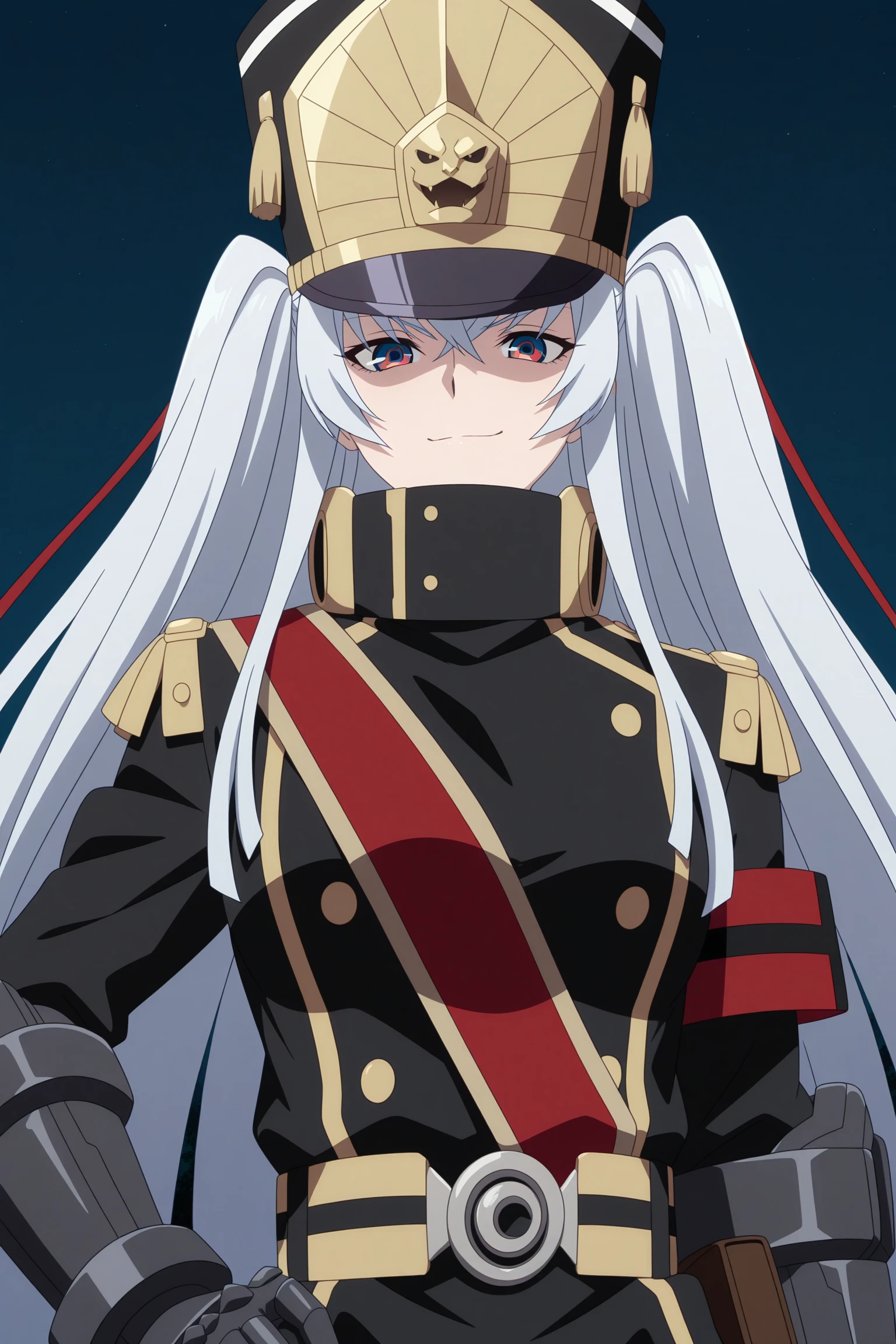 masterpiece, best quality, amazing quality, highres, absurdres, very aesthetic, high resolution, ultra detailed, perfect details, 1girl, solo, outdoors, (night sky:1.5), medium breasts, military uniform princess, white hair, absurdly long hair, sidelocks, two side up, hair ribbon, multicolored eyes, square pupils, military uniform, long sleeves, armband, shako cap, gauntlets, sash, long coat, long skirt, belt, high heel boots, knee boots,  <lora:Altair_Recreators_ILXL:0.8>, (aged up:1.2), (upper body:1.8), anime coloring, anime screencap, looking at viewer, (pose:1.4), smirk, (hovering:1.5)