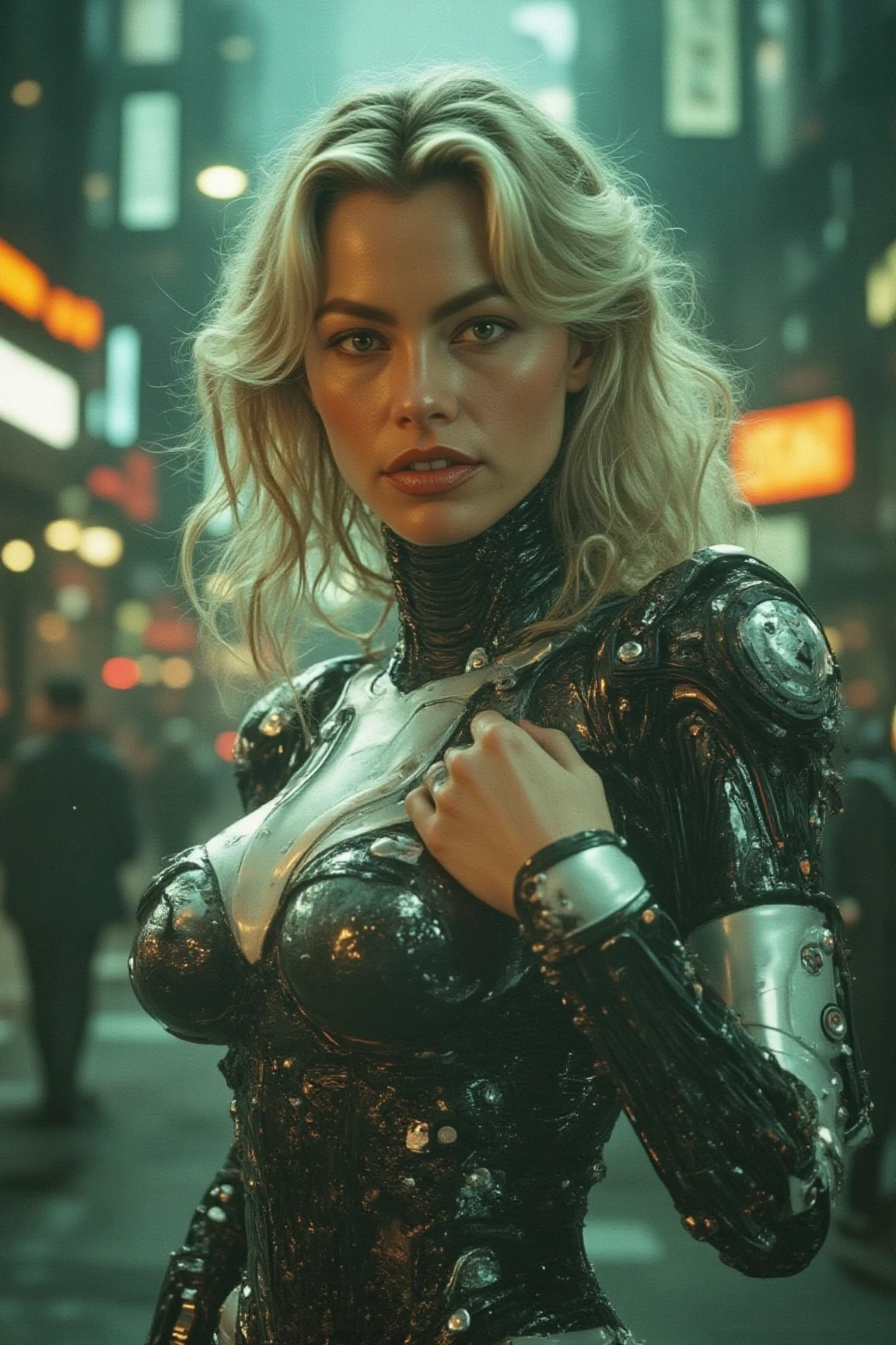 A futuristic blonde femme fatale stands tall, her cybernetic robot attire glistening under soft even lighting. Her medium-bodied figure is centered in a medium-shot, as she locks eye contact with the viewer, her gaze piercing through the digital haze of the cityscape behind. Every detail of her face and eyes are meticulously rendered, inviting us into this futuristic world where technology meets humanity.