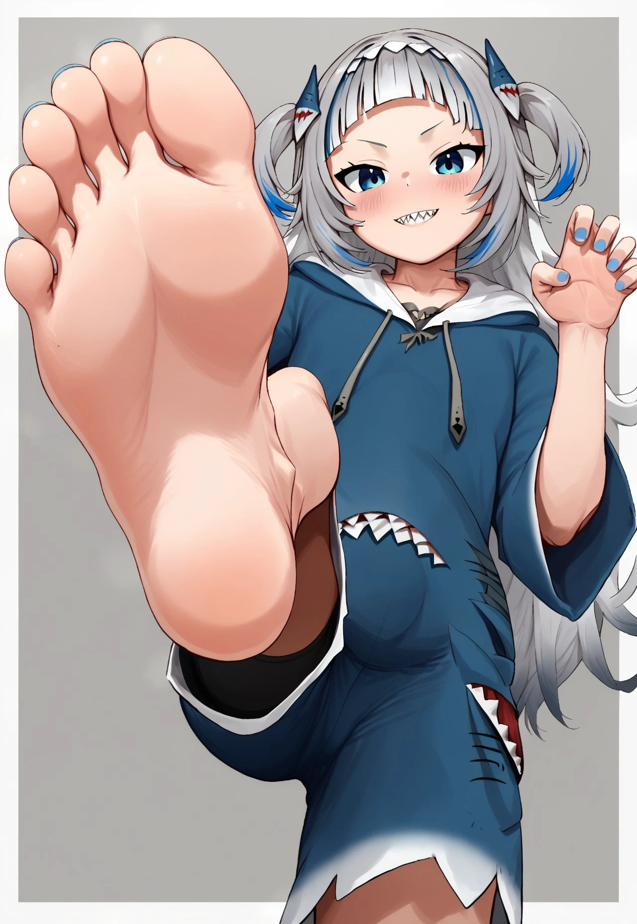 Fuyafeet, gawr gura, 1girl, bare legs, barefoot, blue eyes, blue hoodie, blue nails, blue shorts, blunt bangs, blurry, blush, border, claw pose, foot up, from below, feet, foot focus, foreshortening, grey background, grey hair, hair ornament, hood, hood down, hoodie, knee up, long hair, looking at viewer, multicolored hair, paw pose, presenting foot, shark hair ornament, shark print, sharp teeth, shorts, soles, solo, spread toes, stepping, streaked hair, teeth, toes, two side up, virtual youtuber, white border, wide sleeves