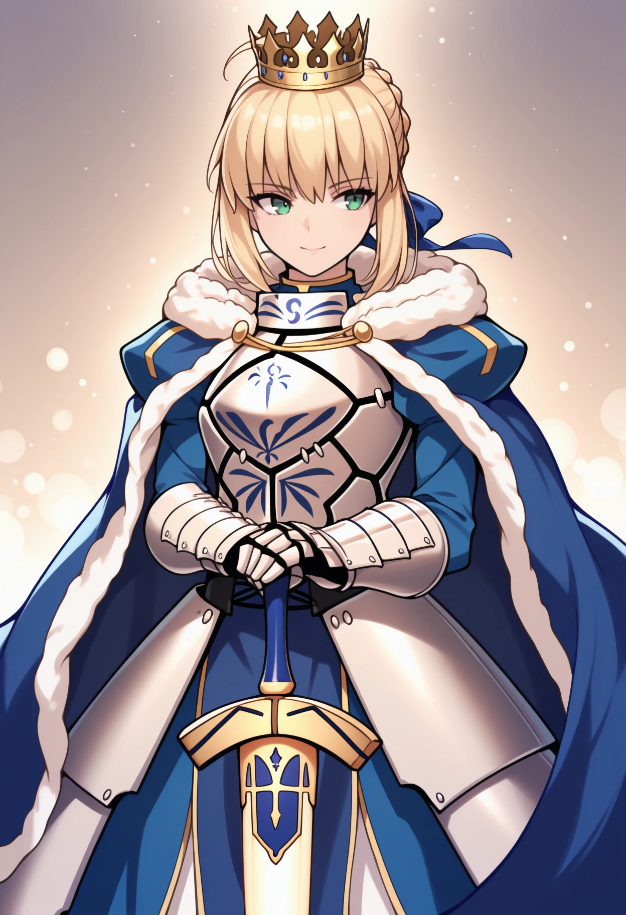 masterpiece, best quality, solo, 1girl, sbrdef, slight smile, looking to the side, standing, hands on hilt, excalibur \(fate/stay night\), blonde hair, ahoge, sidelocks, french braid, braided bun, single hair bun, hair ribbon, blue ribbon, crown, green eyes, blue cape, fur-trimmed cape, armor, blue dress, armored dress, breastplate, juliet sleeves, gauntlets, faulds, abstract background, light particles
<segment:yolo-Anzhc Face seg 640 v2 y8n.pt,0.4,0.5//cid=1>