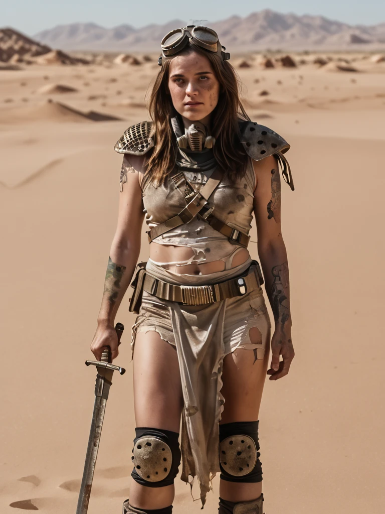 golden hour, desert, desolate, headgear, grimy, dirty, pelvic curtain, ammobelt, gasmask, 
 detailed, shoulder  pauldron, arm tattoo, huge rusty sword, standing,  goggles, sand, brown hair, holding sword, long hair, torn clothes, knee pads, <lora:Wasteland_Vixens:1>